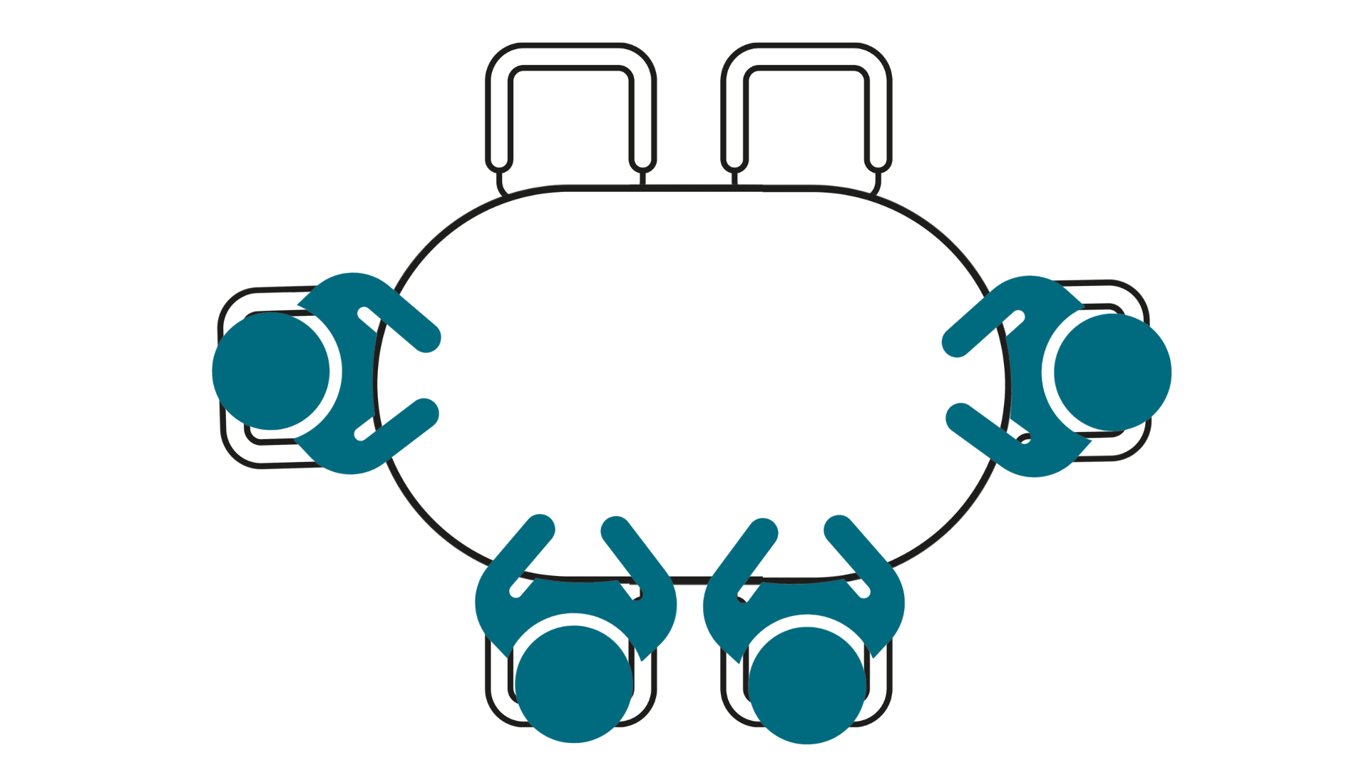 Cartoon image of an oval IEP table with 6 chairs around it. 4 blue icons of people sit in 4 of the chairs, 2 remain empty.