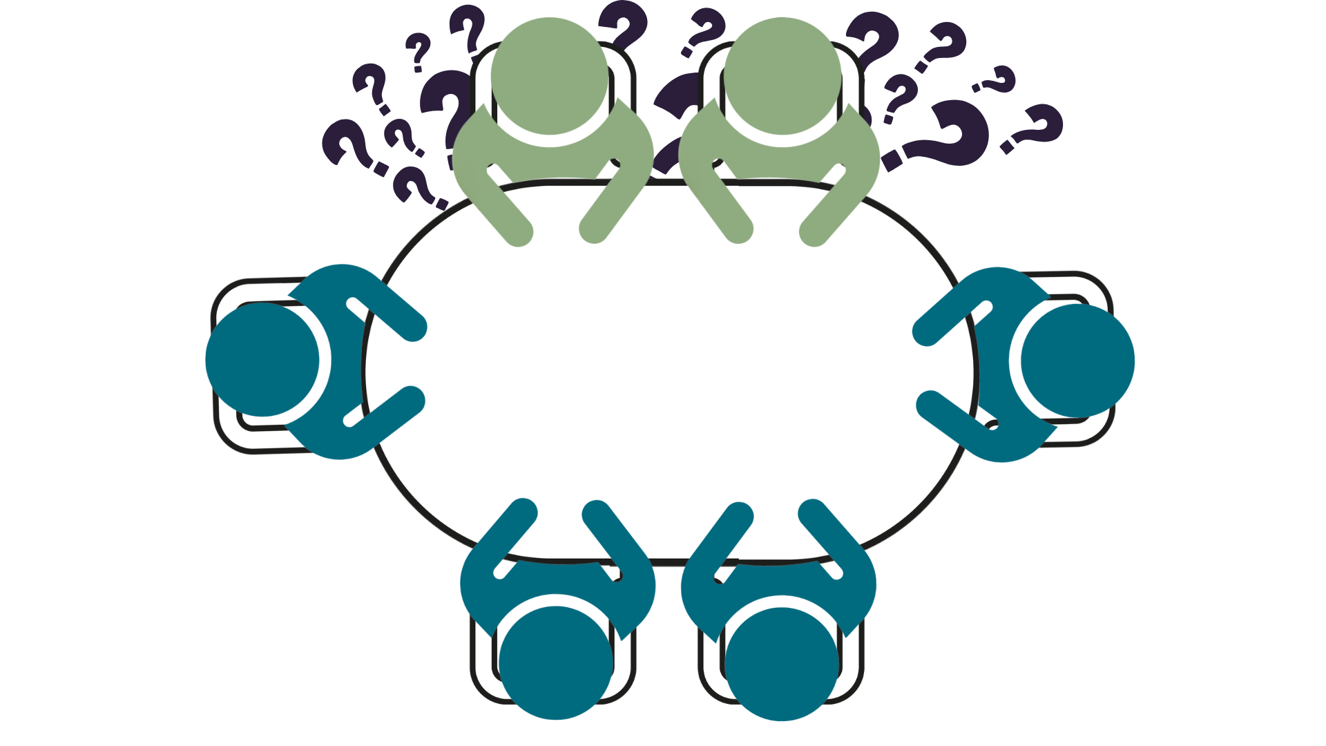 Cartoon image of an oval table with 6 chairs around it. 4 blue icons of people sit in 4 of the chairs, 2 have green icons of people. There are question marks behind the green icons of people.