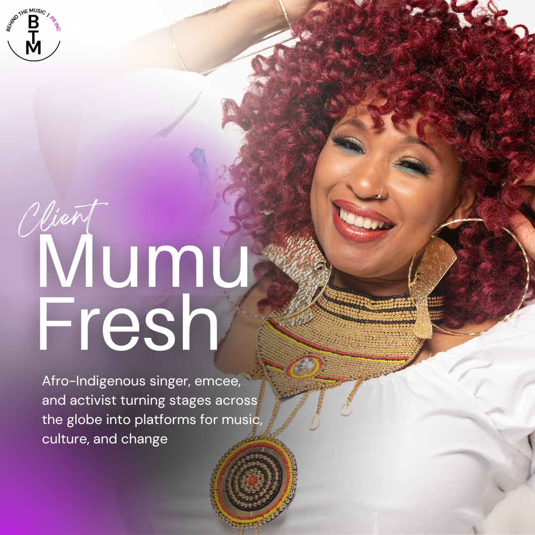A smiling woman with vibrant red, curly hair, wearing large hoop earrings and a beaded necklace with African design motifs, poses against a soft purple background with text describing her as a client named Mumu Fresh, an Afro-Indigenous singer, emcee, and activist.