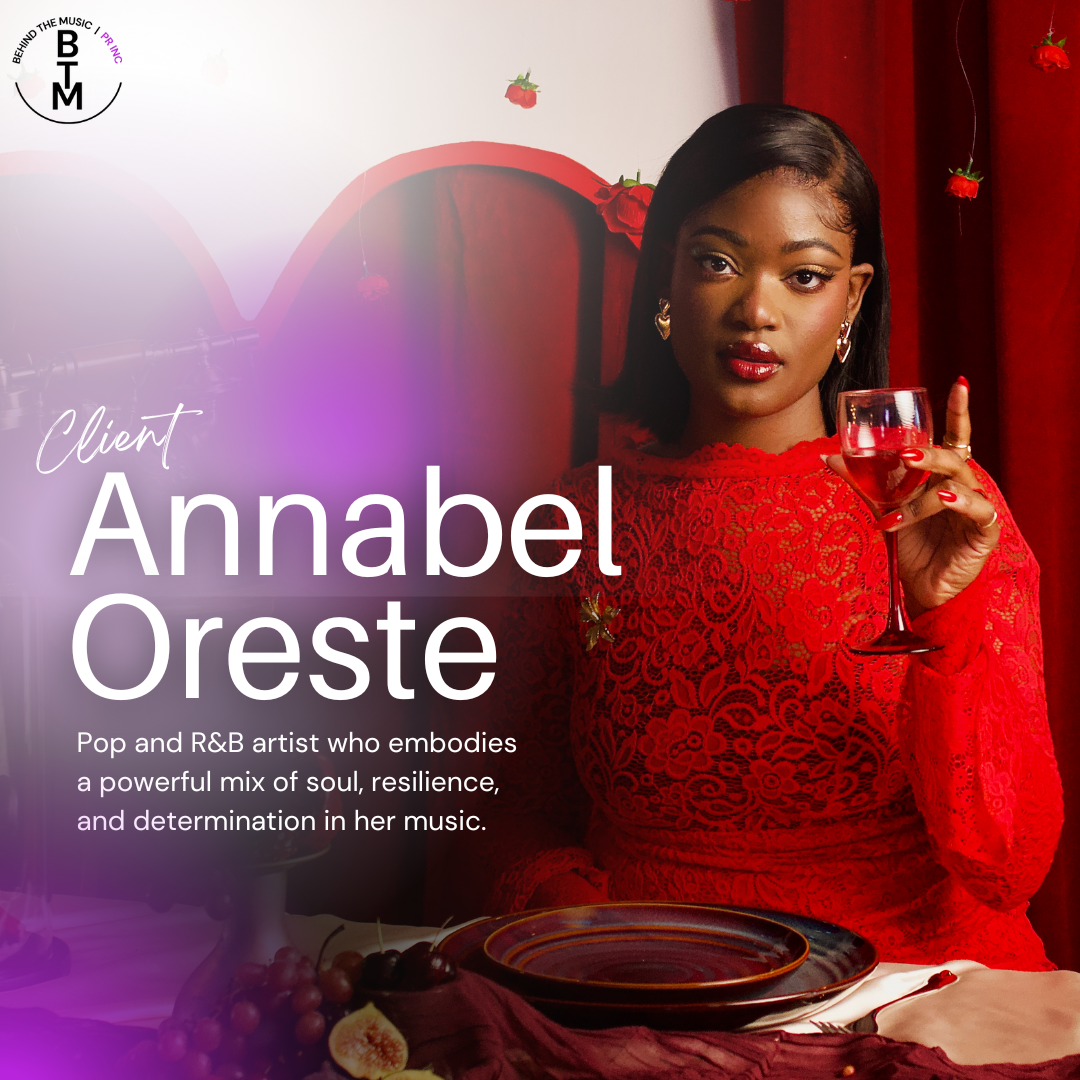 A woman with dark hair and red lipstick, wearing a red lace dress, holding a glass of red wine, sitting at a table with fruit and a plate, with red curtains and hanging flowers in the background.