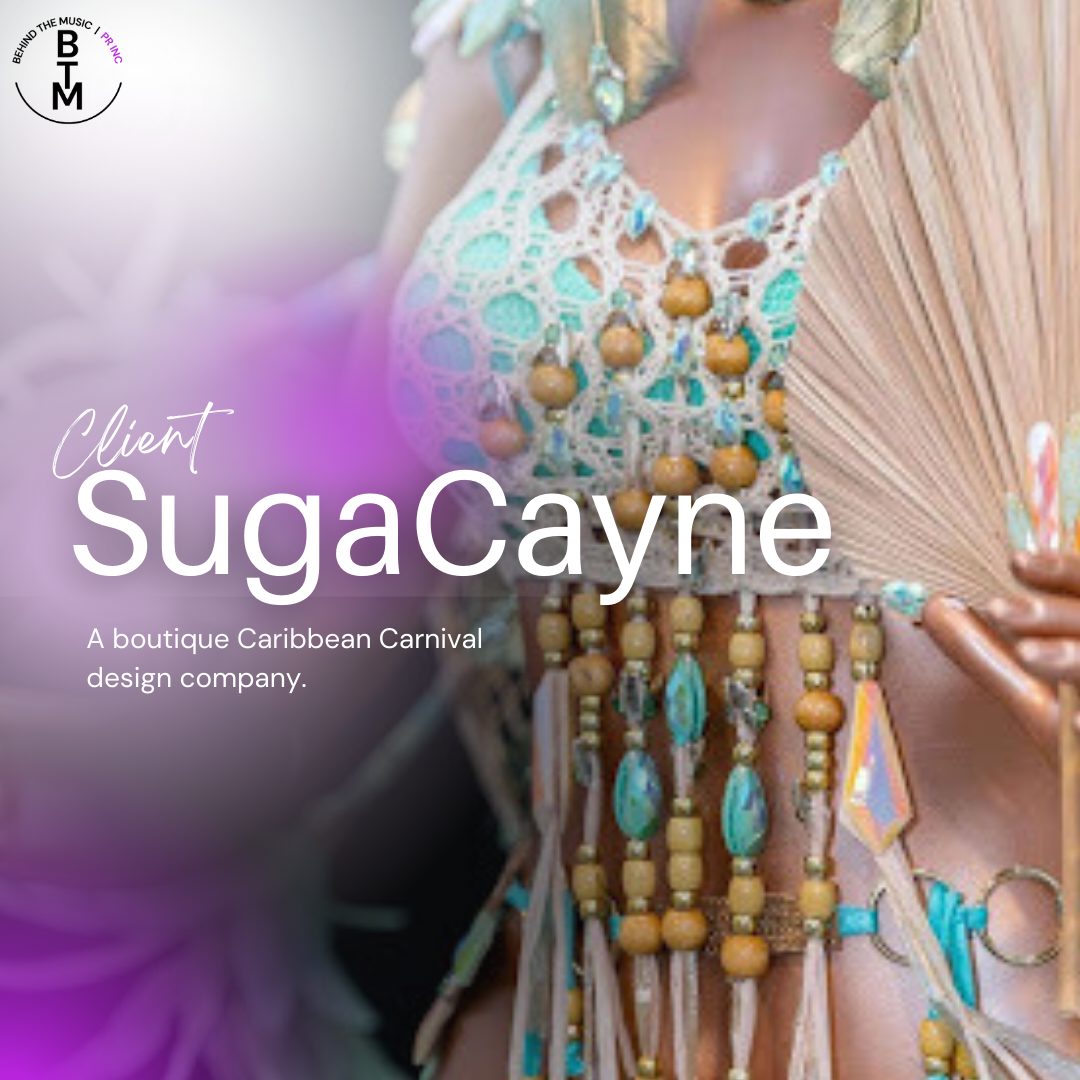 Close-up of a person wearing a colorful beaded Caribbean carnival costume holding a fan, with the text "Client SugarCayne" and "A boutique Caribbean Carnival design company" overlayed.