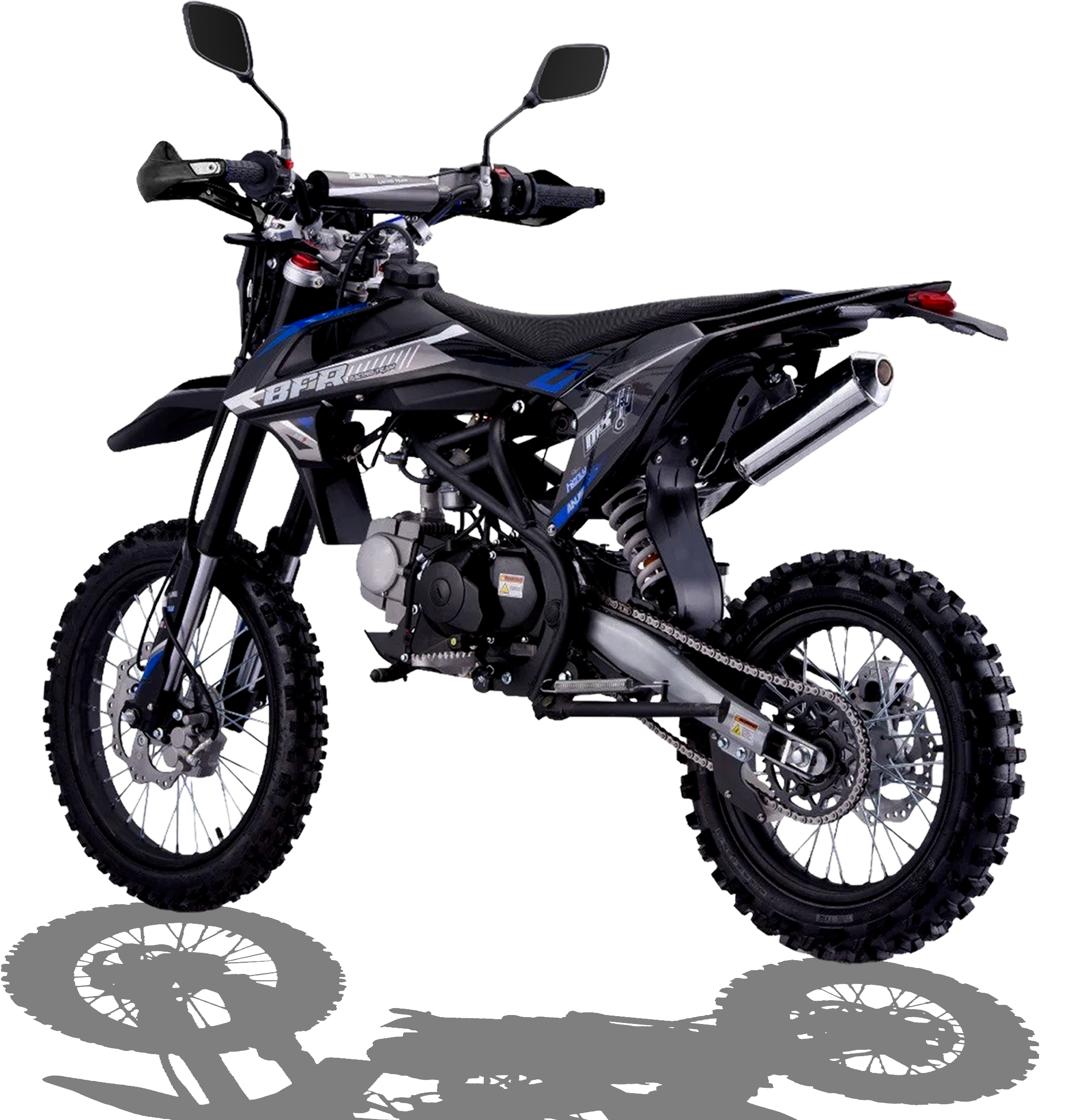 A black off-road motorcycle with thick knobby tires, a sleek body design with blue and white accents, a single exhaust pipe, and dual rear shock absorbers.