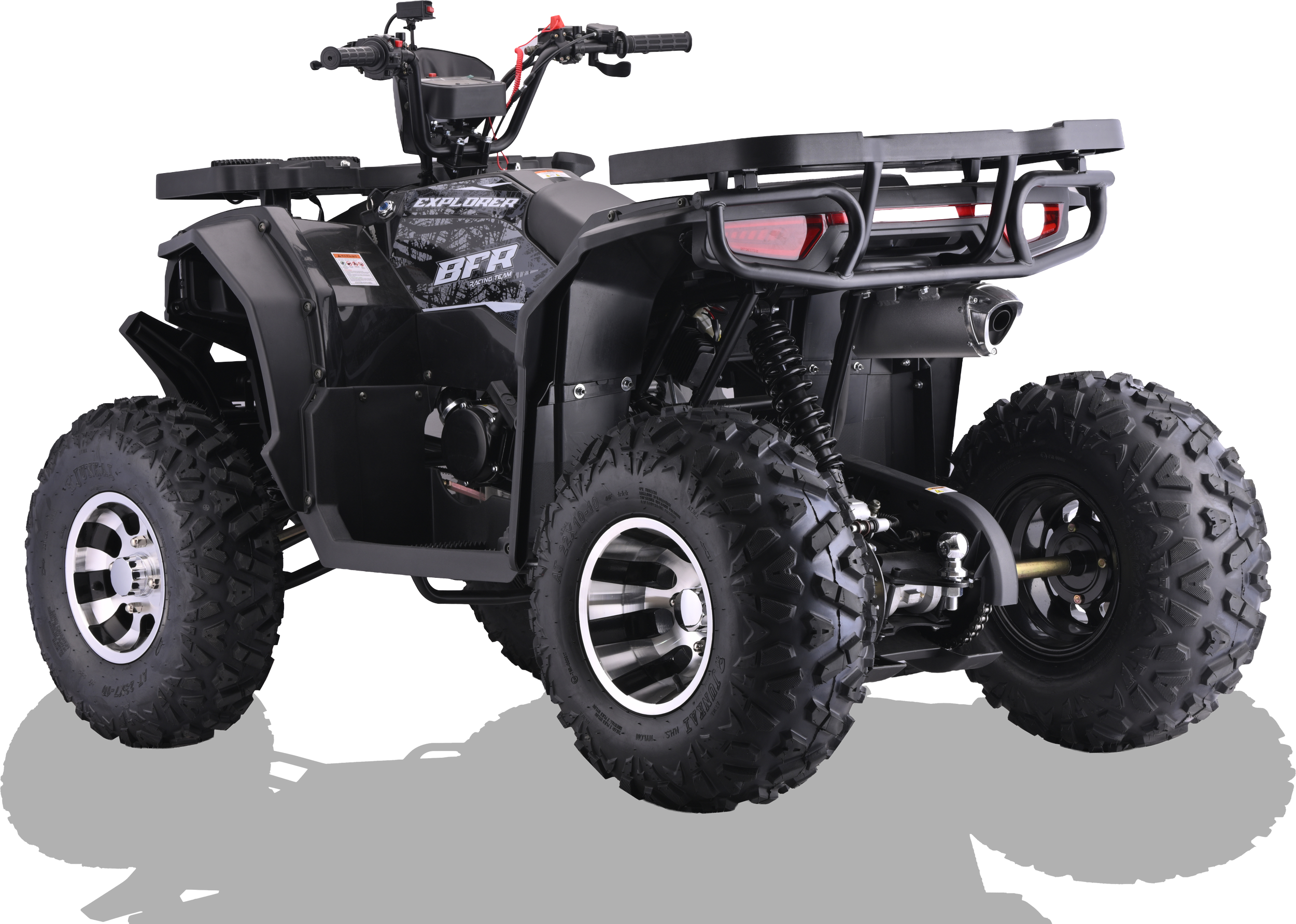 Black off-road quad bike with large tires, front and rear racks, and a small engine, isolated on a white background.