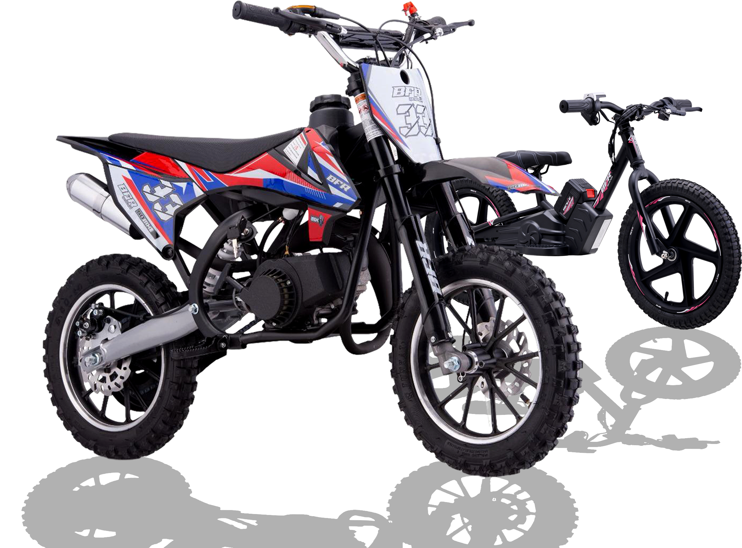 A side view of a dirt bike with a black frame, knobby tires, and red, blue, and white decals on the body.