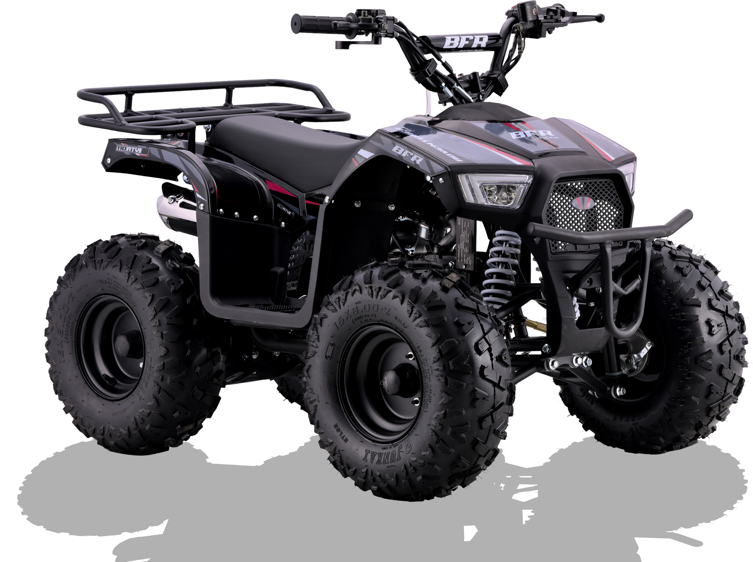 An all-terrain electric vehicle with large knobby tires, a black frame, a black seat, and a front grille.