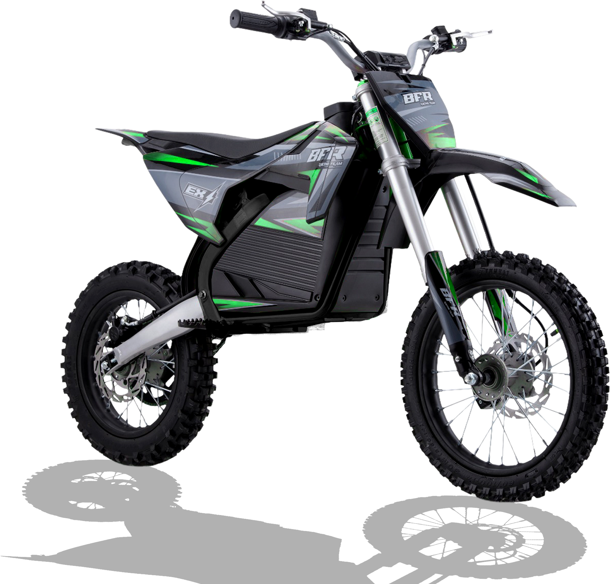 A modern dirt bike with black, green, and gray graphics, featuring knobby tires and a high-performance suspension system.