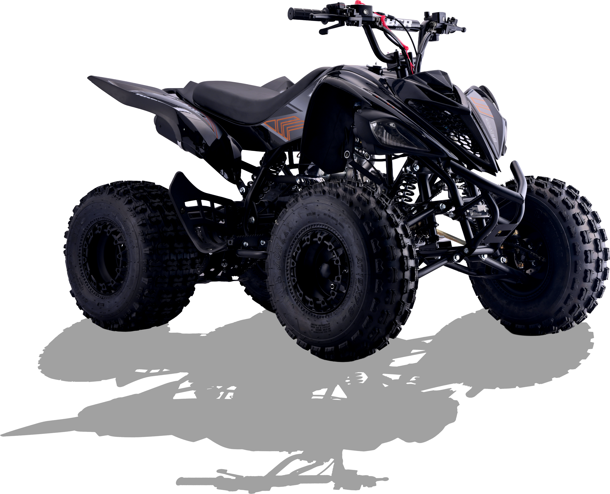 A black all-terrain vehicle with large tires and a sleek design, featuring a black body with accents of orange and yellow, viewed side-on.