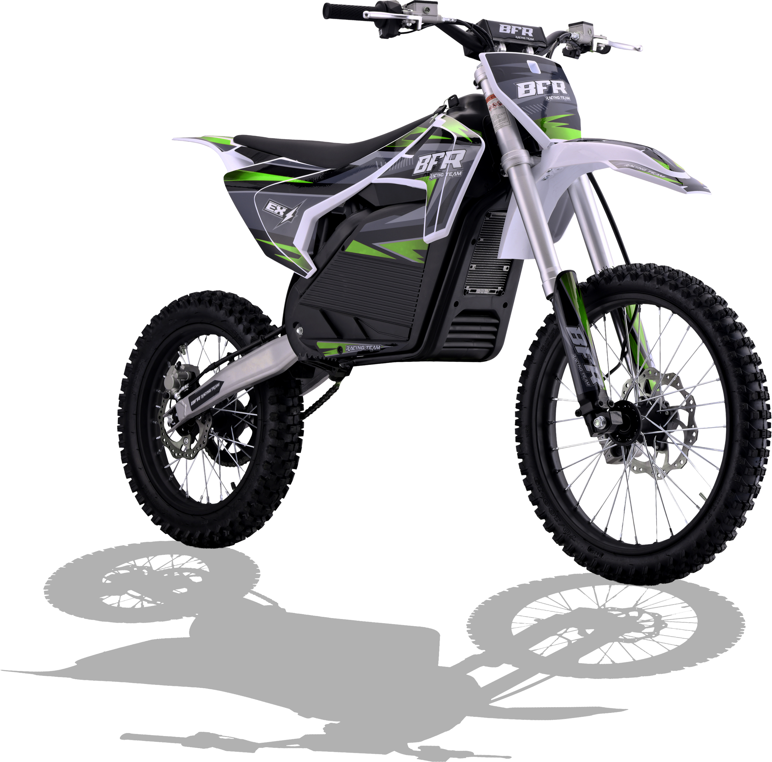 A dirt bike with green and black graphics, labeled 'BFR Racing Team,' is shown with a sleek black and silver design, black tires, and an electric or battery-powered motor integrated into the frame.