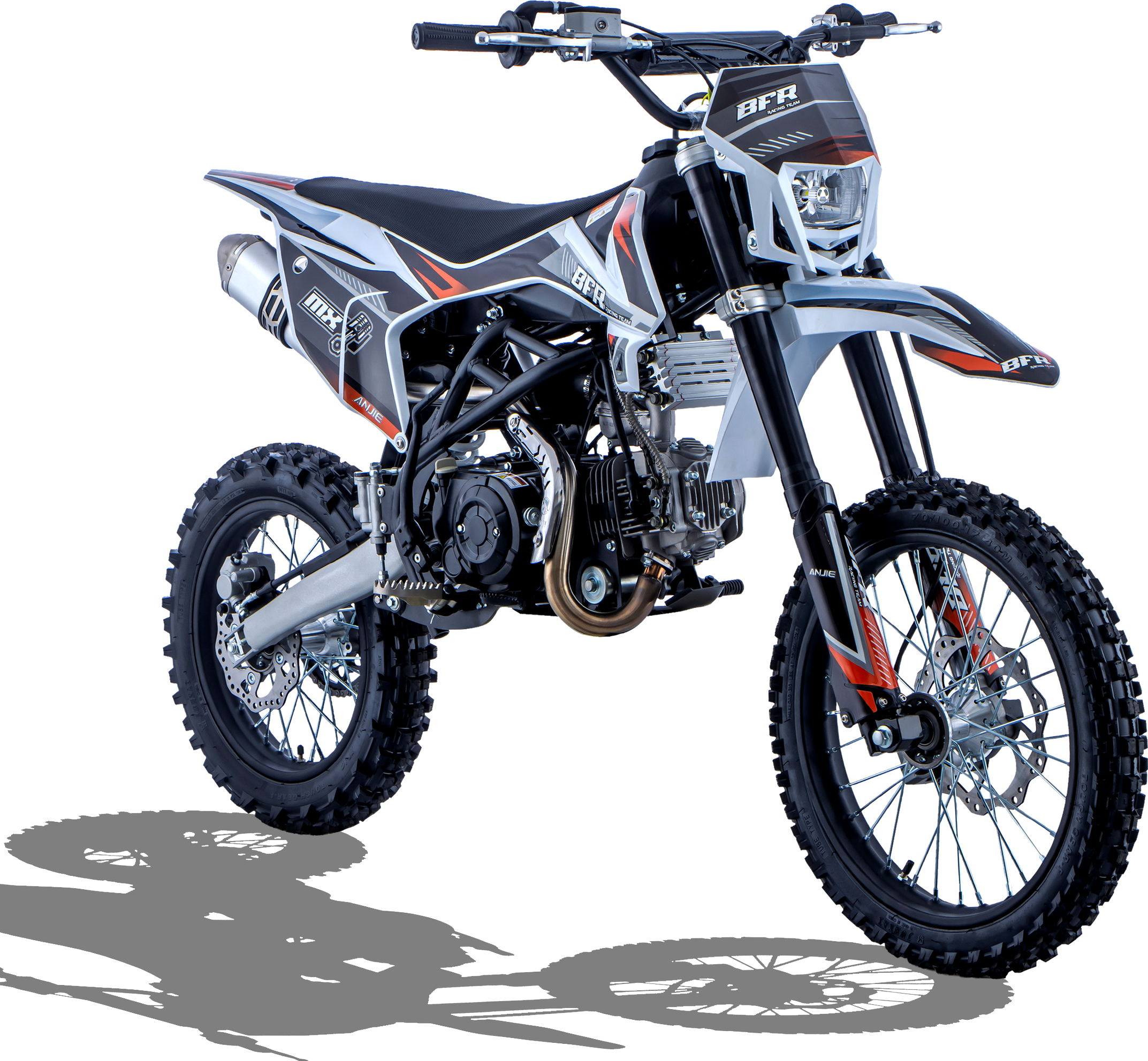 A modern off-road dirt bike with black, white, gray, and orange graphics, knobby tires, and a headlight, positioned on a black background.