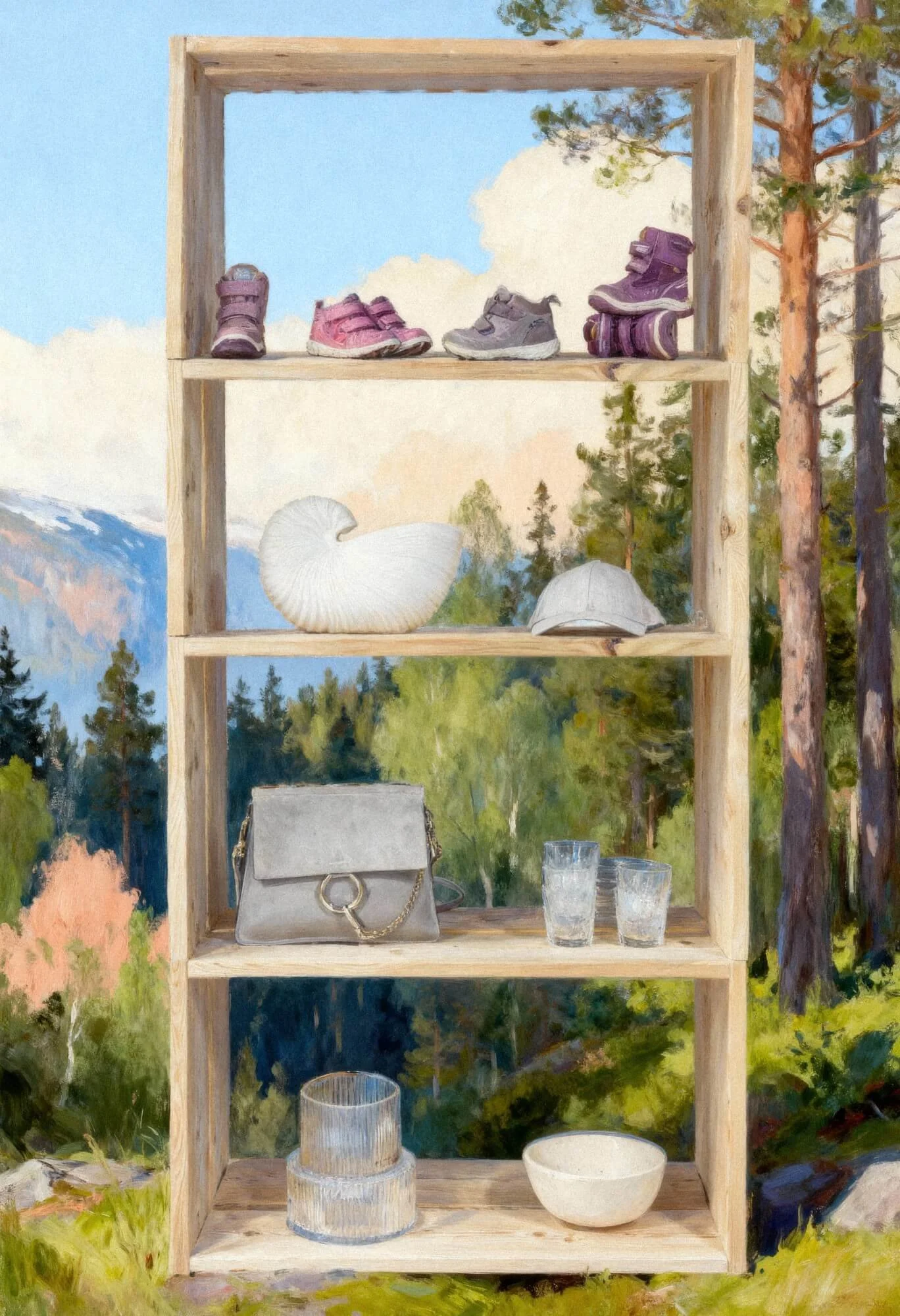 En treromsstående hylle med morsomme pastellfargede dekorasjoner, leker og gaveesker, plassert foran en blomstereng under en skyet blå himmel.