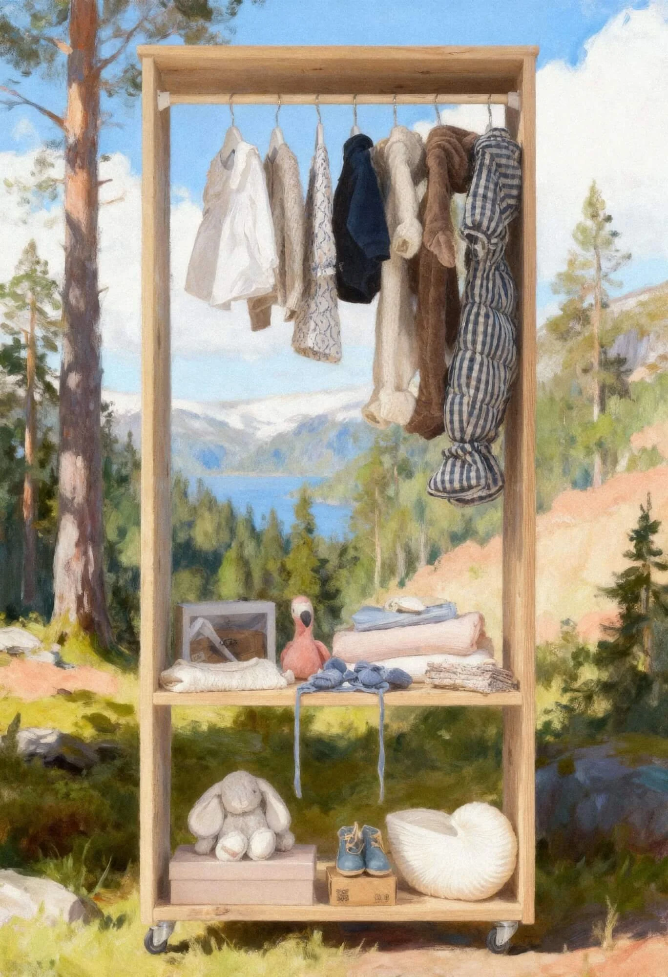 En kleeskap med barneklær og lekesaker, plassert utenfor i en åpen gresslette med blomster, mot en blå himmel med noen skyer.