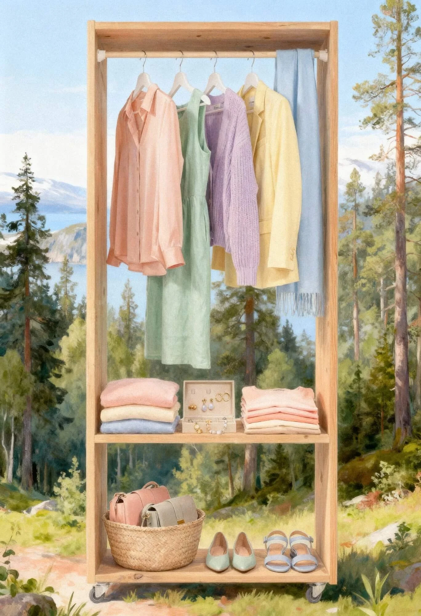 En tregulvhylla med tre nivåer står i en grønn eng med små blomster. Hyllen har en blå himmel med skyer i bakgrunnen. På øverste nivå er en rosa veske og en pink plysjpute. Midterste nivå har en rosa tekanne, en stabel med bøker og en rosa kopp med brød. Nederste nivå har en blå og en rosa hjelm, en rosa kopp og en rosa sanitetshette.