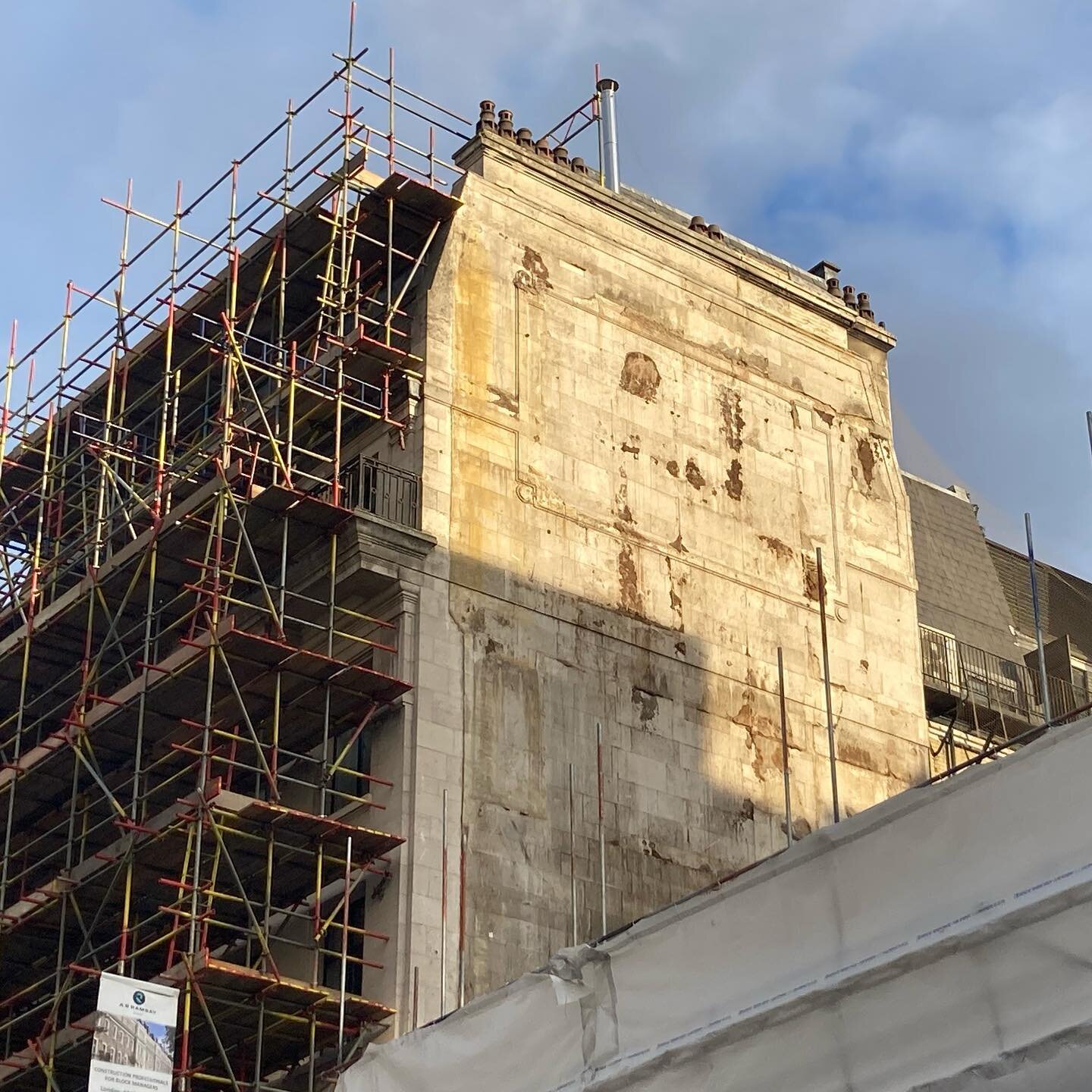 Lovely to see the sunlight bouncing off the stone facade to 204 Great Portland Street this morning. It has been covered up for the last 50 years, and will be again soon, but for now it&rsquo;s having its moment in the sun.