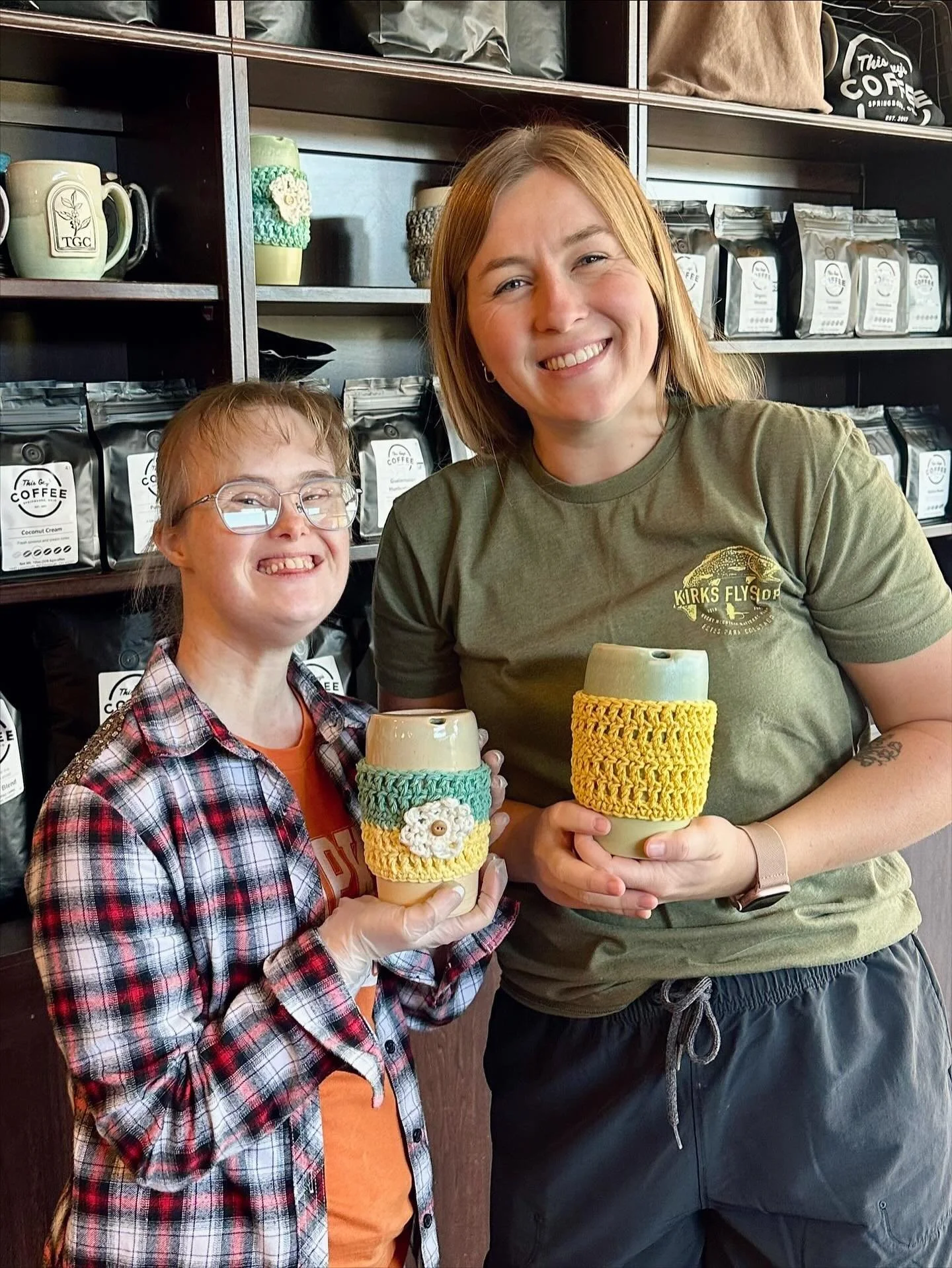 Rachel and I worked together at This Guy&rsquo;s for years (she trained me back in 2018) so it makes this collab so fun! Rachel crocheted the cozies and coordinated with my travel mugs! 
Available at This Guy&rsquo;s Coffee now :)