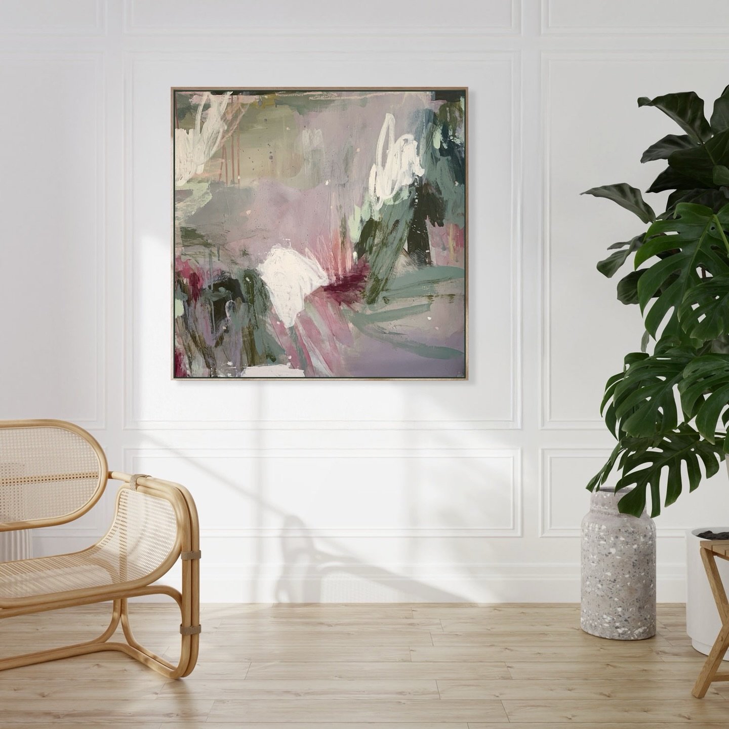 𝙎𝙤𝙛𝙩 𝙗𝙡𝙤𝙨𝙨𝙤𝙢𝙨 

79 x 79cm framed 

Gorgeous purples against blue-greens and lighter creamy pops. I adore the flow in this painting, the way it leads your eye from left to right as if following falling blossoms gently carried away by a bre