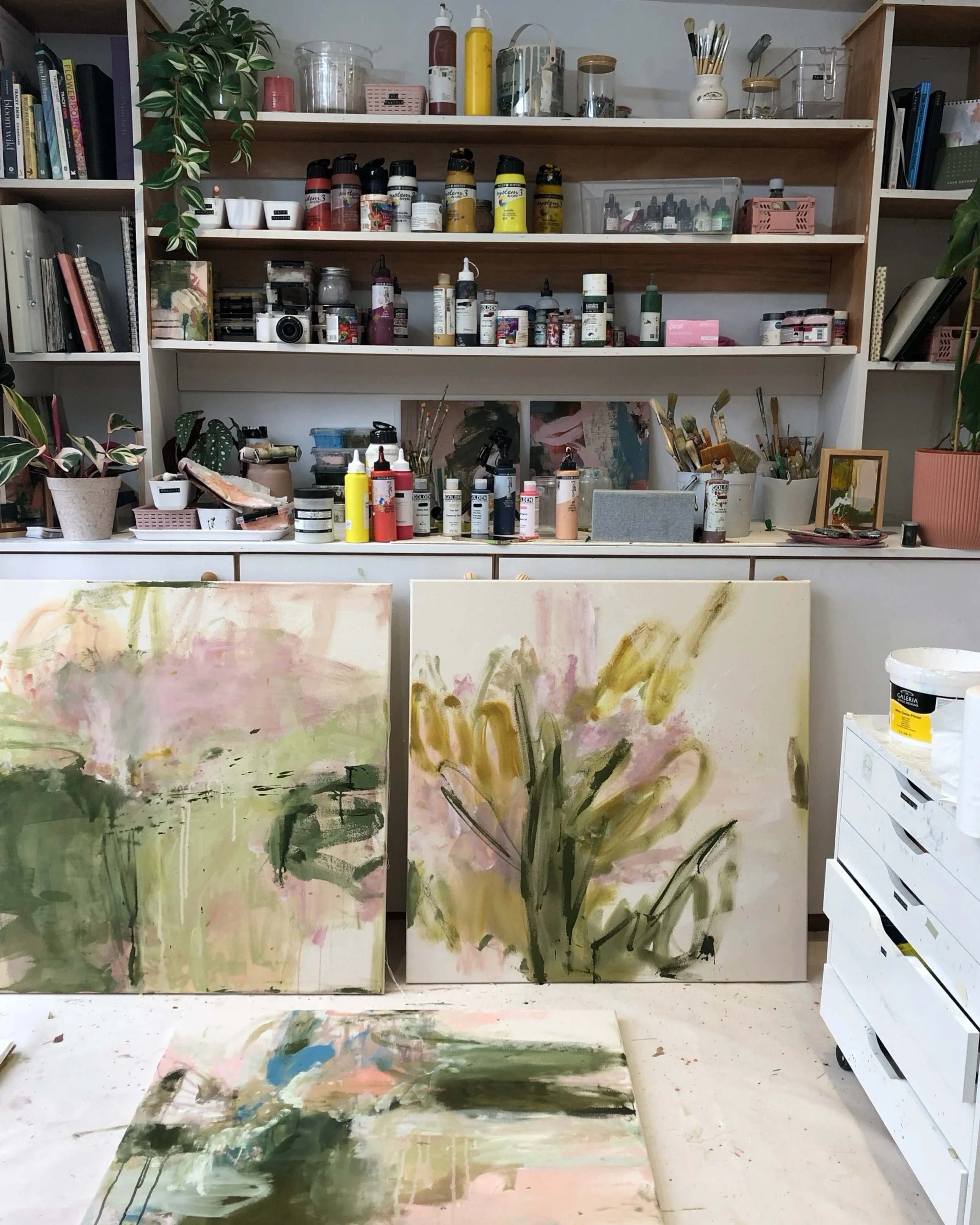 A look back at the early layers on these canvases, the most experimental and exciting part. I always love to see the start and then how they turn out, sometimes similar and sometimes completely different.