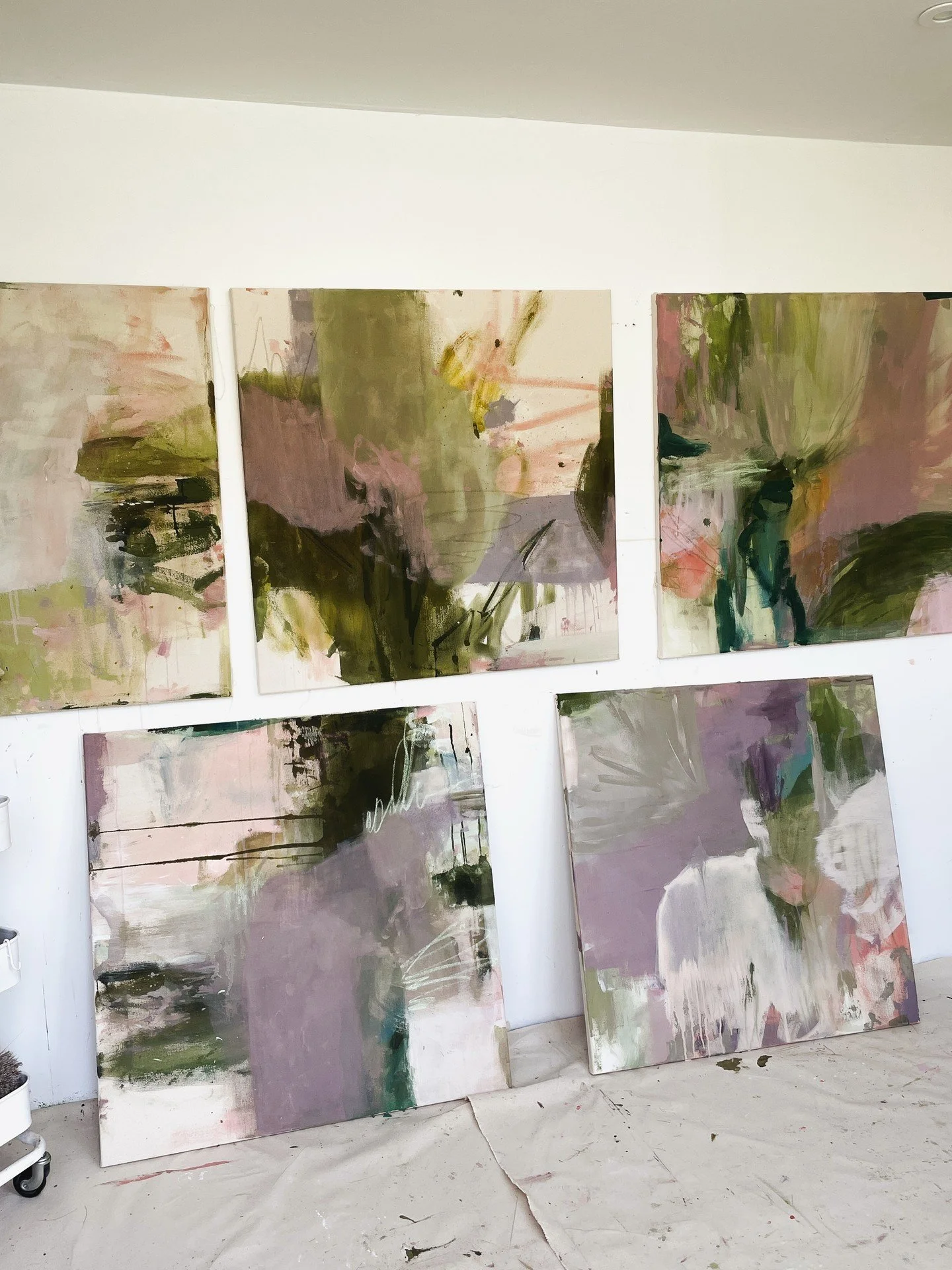 The raw canvas collection - in progress shot. 

A lot of the work is just sitting back and starting at the paintings, seeing what they need, if they work together and alone, thinking through the colours and composition making sure they are saying wha