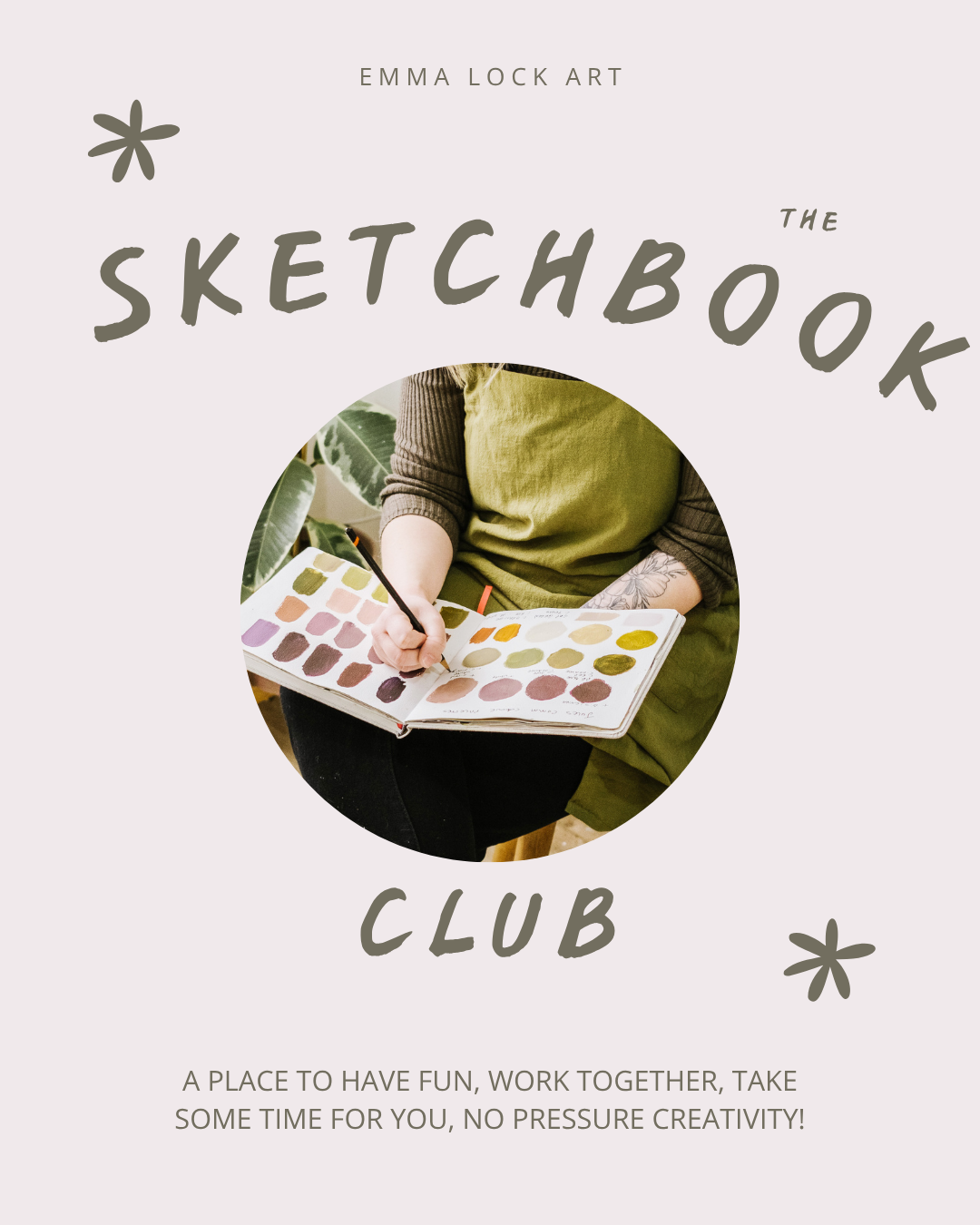 Cover page of a sketchbook club flyer featuring a person sketching with paint swatches in a book, surrounded by decorative elements and text promoting the club.
