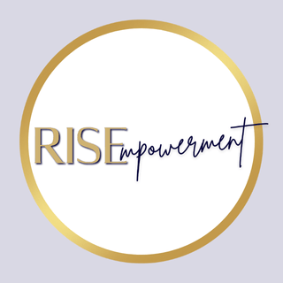 Logo with the words 'RISEmpowerment' in gold and navy text inside a circular frame with a gold border on a light gray background.