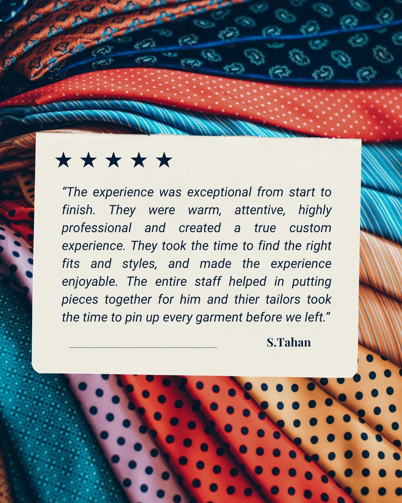 &ldquo;The entire staff helped put pieces together &mdash; and their tailors took the time to pin every garment before we left.&rdquo;

We believe that shopping should be an experience, not just a transaction. 

From the first conversation to the fin