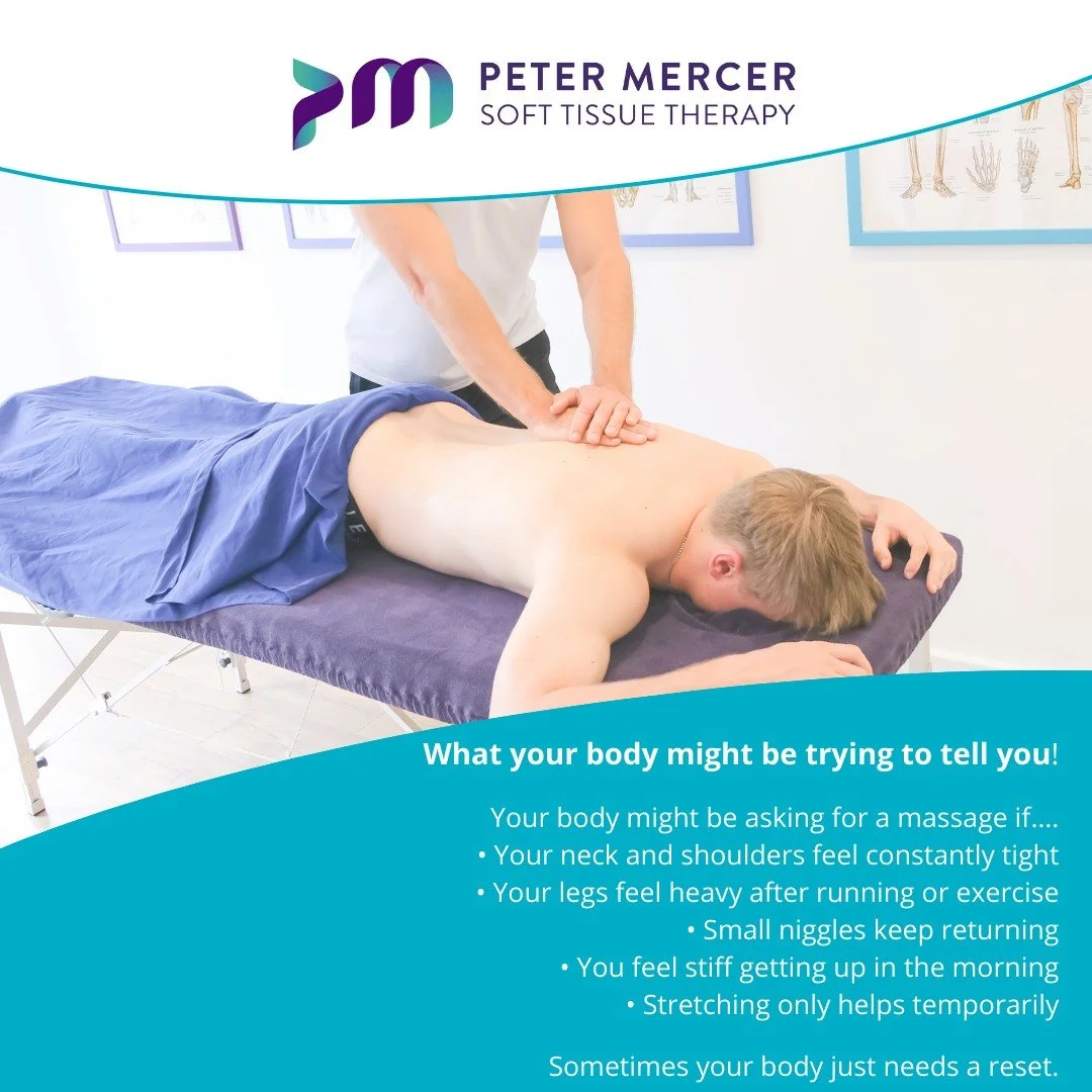 We often ignore the early signs our body gives us.

Tight shoulders.
Heavy legs.
Persistent little niggles.

These are often signals that your muscles are overworked, fatigued, or holding tension.  Sports &amp; remedial massage can help restore movem