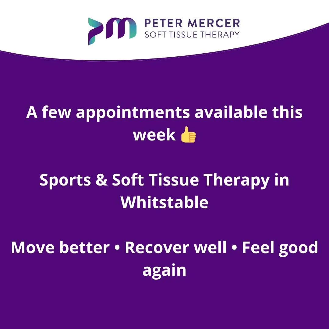 If your body is feeling:
&bull; tight
&bull; stiff
&bull; run down
&bull; achy
&bull; or overdue some attention&hellip;

I&rsquo;ve got a few appointments available this week in Whitstable.
Whether it&rsquo;s recovery from training, desk-related tens