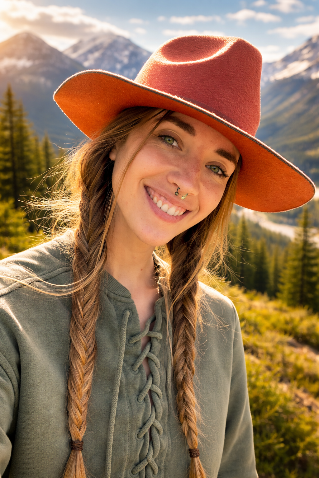 A young woman smiling outdoors on a mountain trail in autumn, wearing a large red hat, green hoodie, with braided hair and a septum piercing, with mountains and trees in the background.