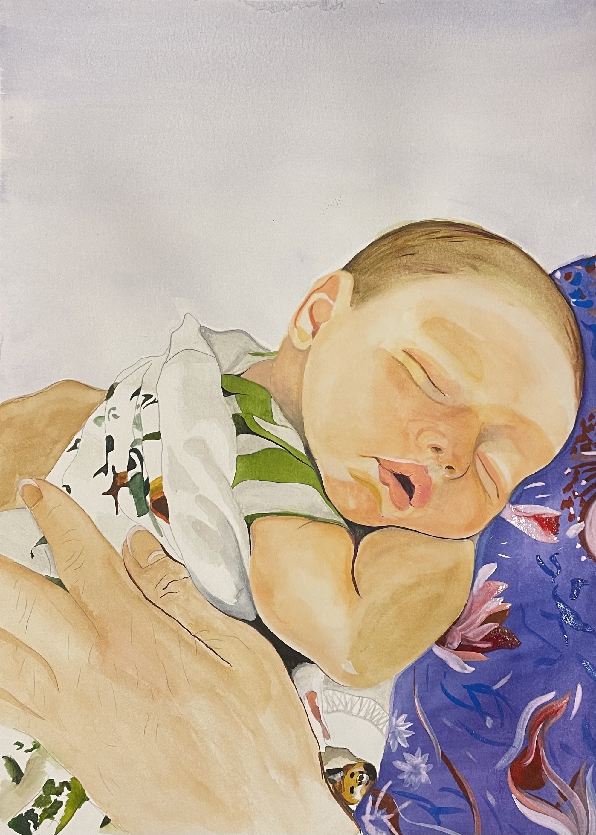 A realistic painting of a sleeping baby with closed eyes, resting on an adult's arm, with a hand gently holding the baby. The baby wears a white shirt with green and other colored details, and the adult wears a blue shirt with a floral pattern.