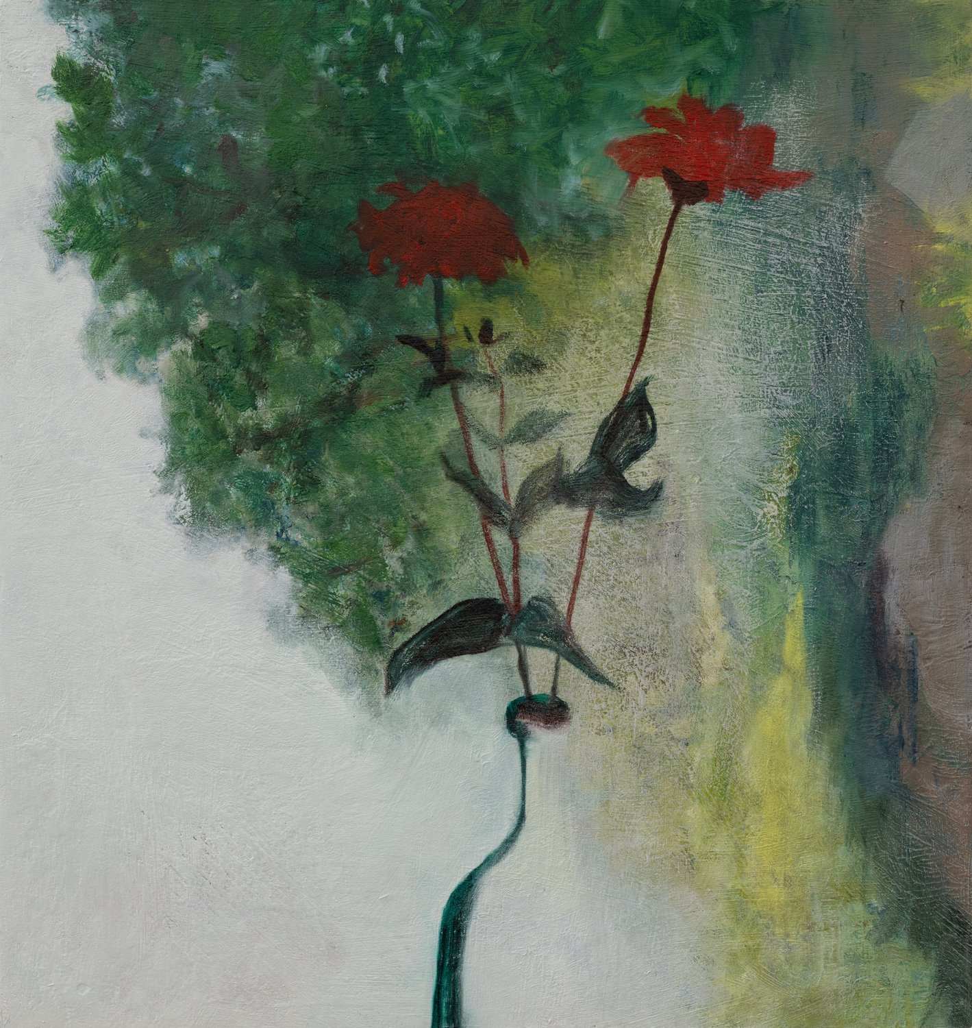 Landscape with Zinnias, Oil on Birch Panel, 18 x 17 inches