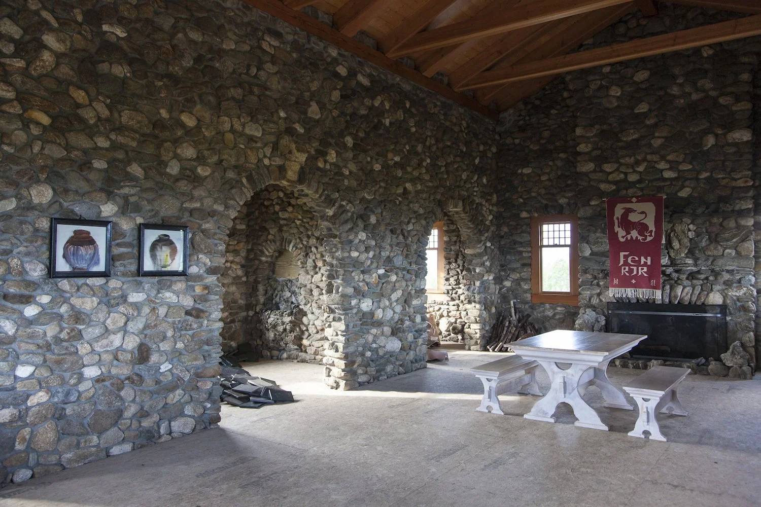 Stones on the Move, Beech Hill Interior with Fenrir Tapestry and Jars Watercolors, 2015