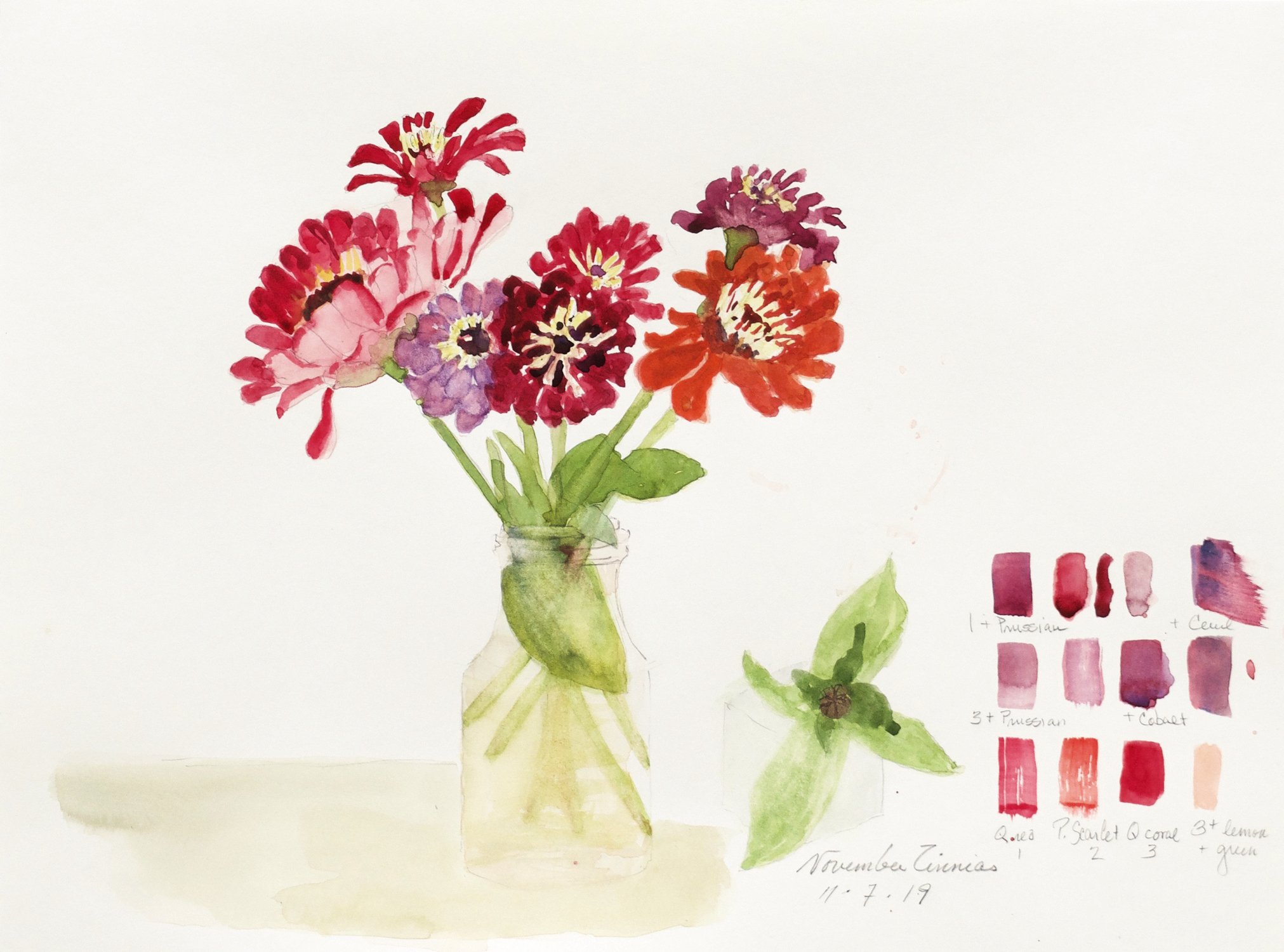 November Zinnias, Watercolor on Archival Paper, 12 x 16 inches. Private Collection