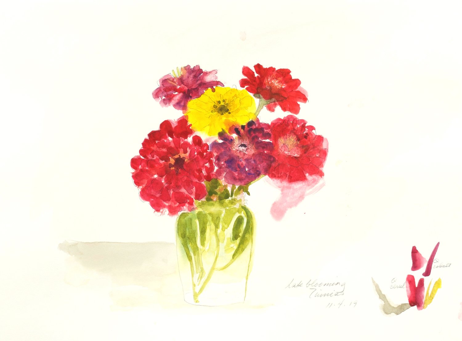Late Blooming Zinnias, Watercolor on Archival Paper, 12 x 16 inches