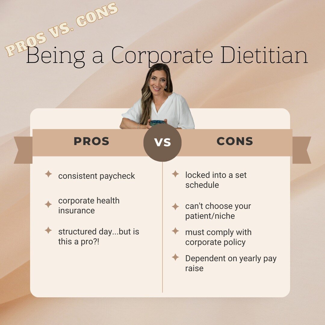 Private Practice vs. Corporate Dietitian⁠
⁠
What&rsquo;s the difference between being a private practice dietitian and corporate dietitian? ALOT!⁠
⁠
Do the PROS out weight the CONS?⁠
⁠
IMO being a PP dietitian, working on my terms, seeing my favorite