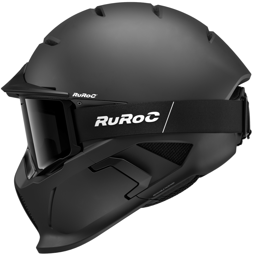 Black Snow helmet with a visor and removable face mask, branded with the name 'Ruroc'.