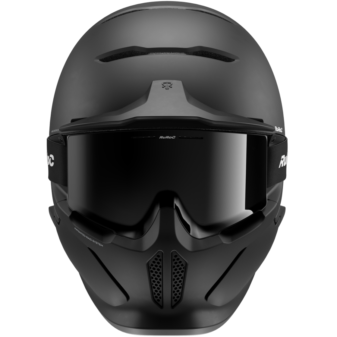 Black snowsports helmet with visor, vent openings, and visor strap, Ruroc RG2