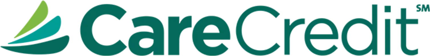 Close-up of a colorful  CareCredit logo with stylized text and abstract shapes in green, blue, and red.
