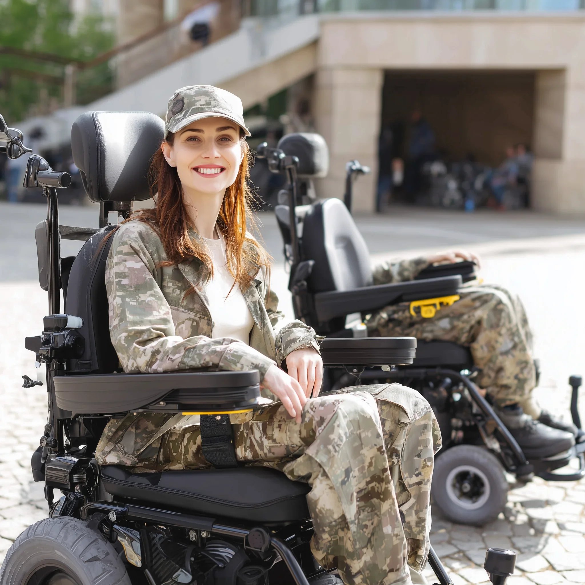 A young woman with red hair smiling, sitting in a wheelchair, dressed in camouflage military attire, wearing a camouflage cap with a badge, outdoors in front of a modern building with people in the background.