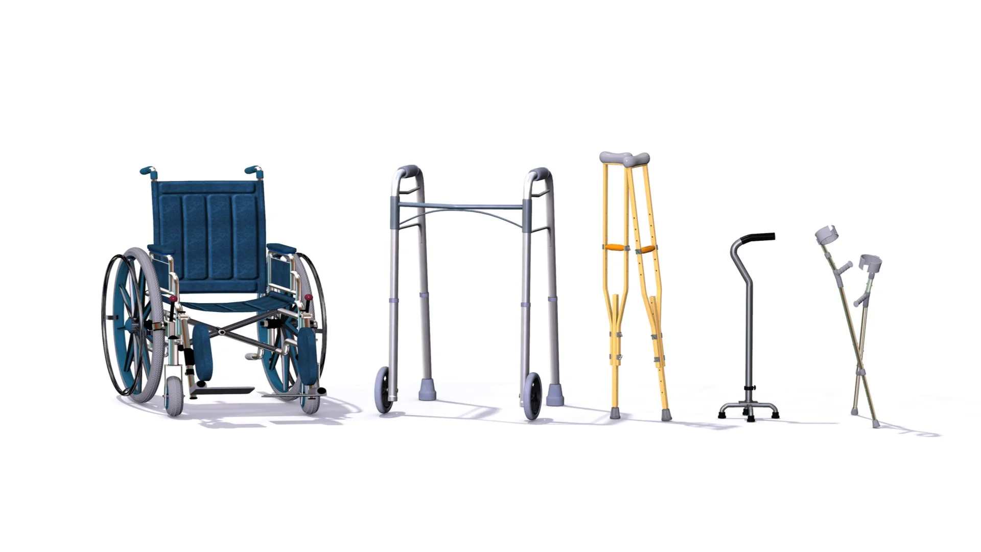 Collection of mobility aids including a wheelchair, walker, crutches, a cane, and a rollator.
