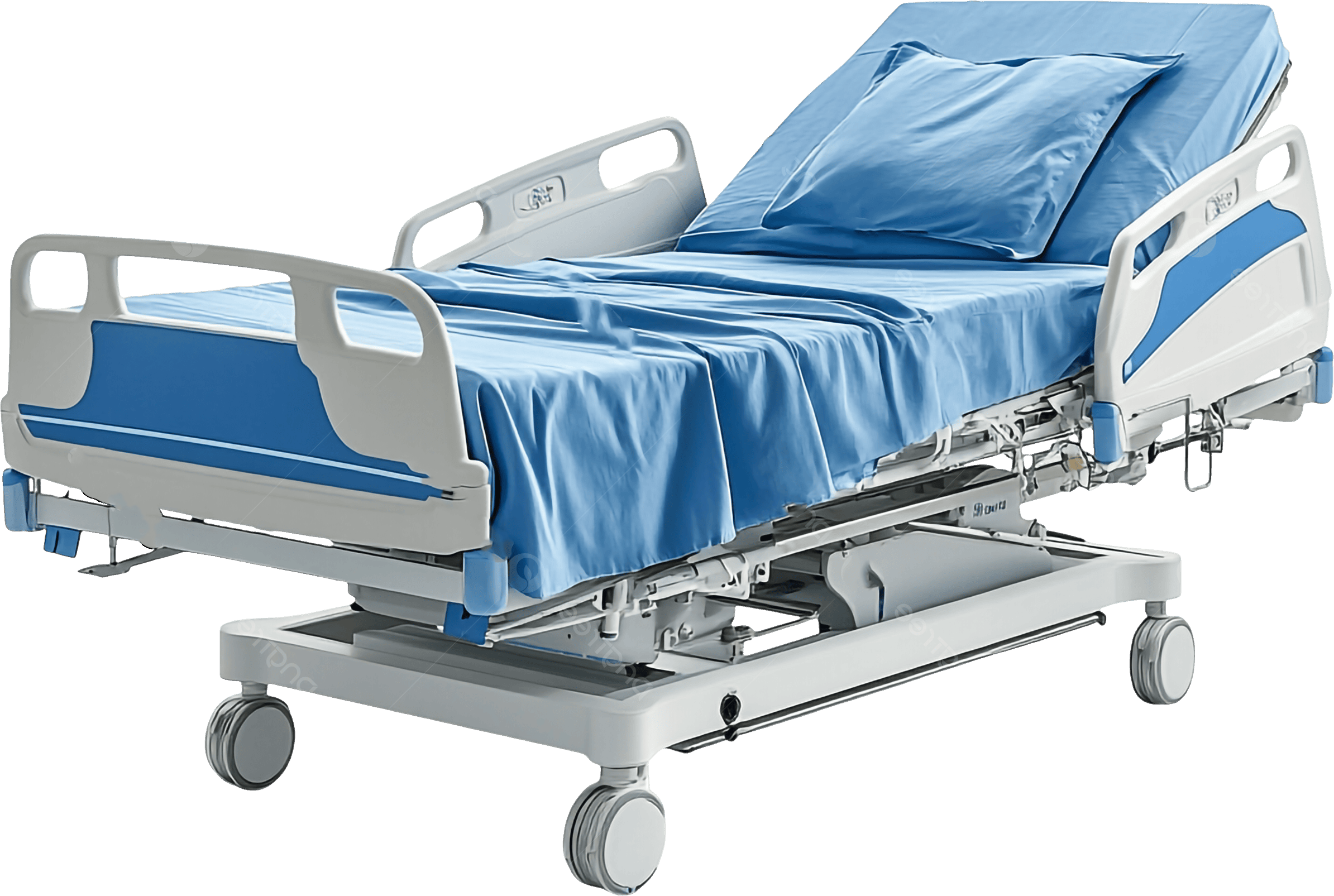 Hospital bed with blue sheets and pillow, on wheels, set against a plain background.