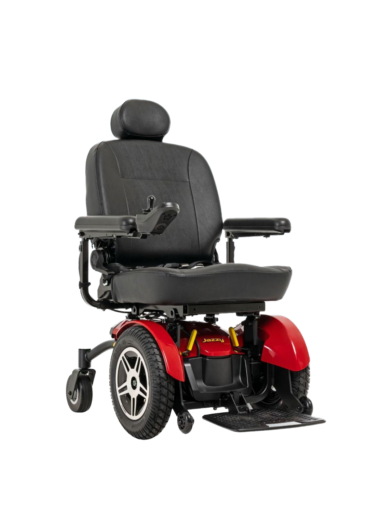Electric wheelchair with black seat and backrest, red body, black tires, and footrest.