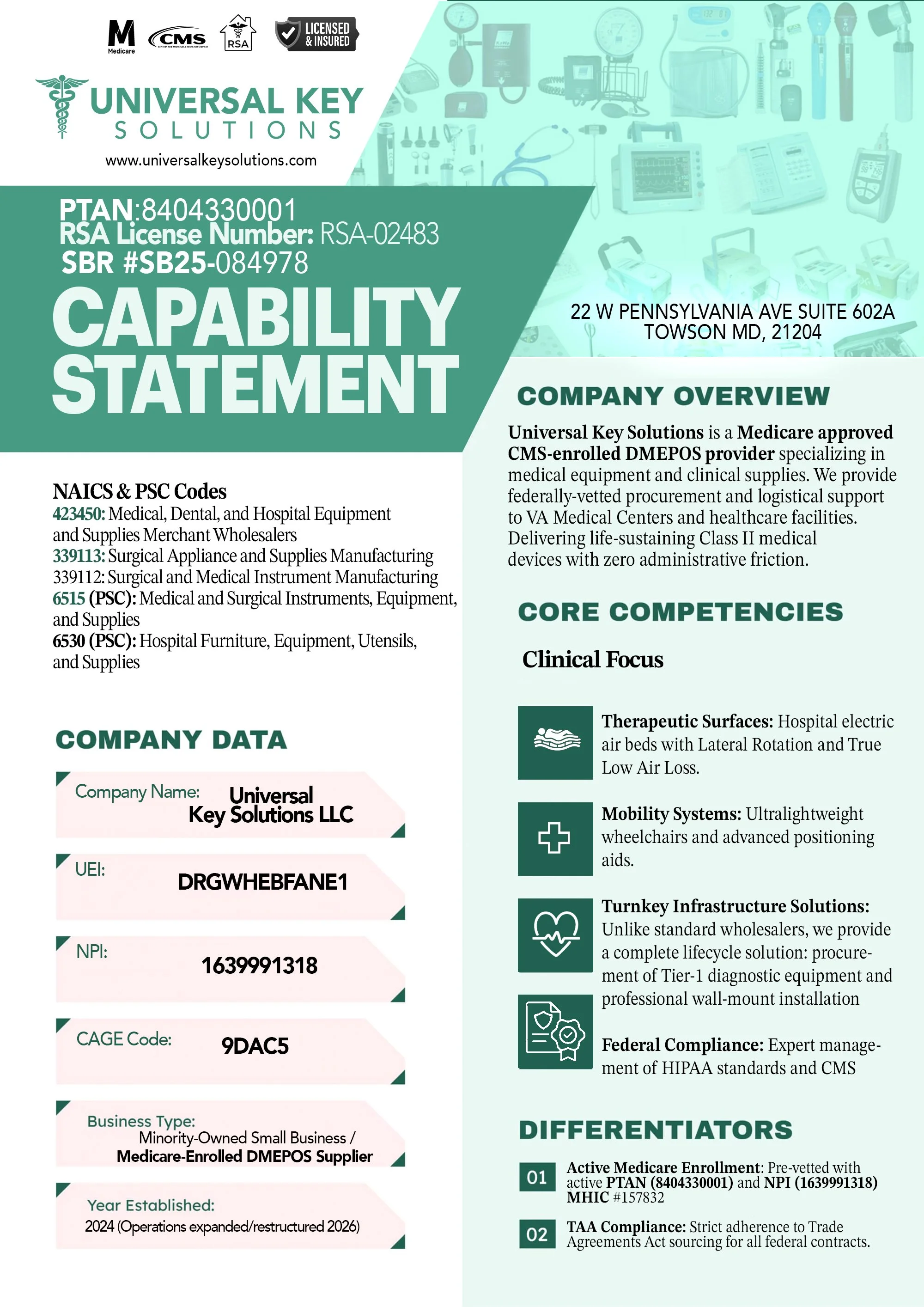A detailed company capability statement for Universal Key Solutions LLC. It includes contact information, NAICS and PSC codes, business data, and descriptions of core competencies such as clinical focus, therapeutic surfaces, mobility systems, turnkey infrastructure solutions, federal compliance, and active Medicare enrollment.