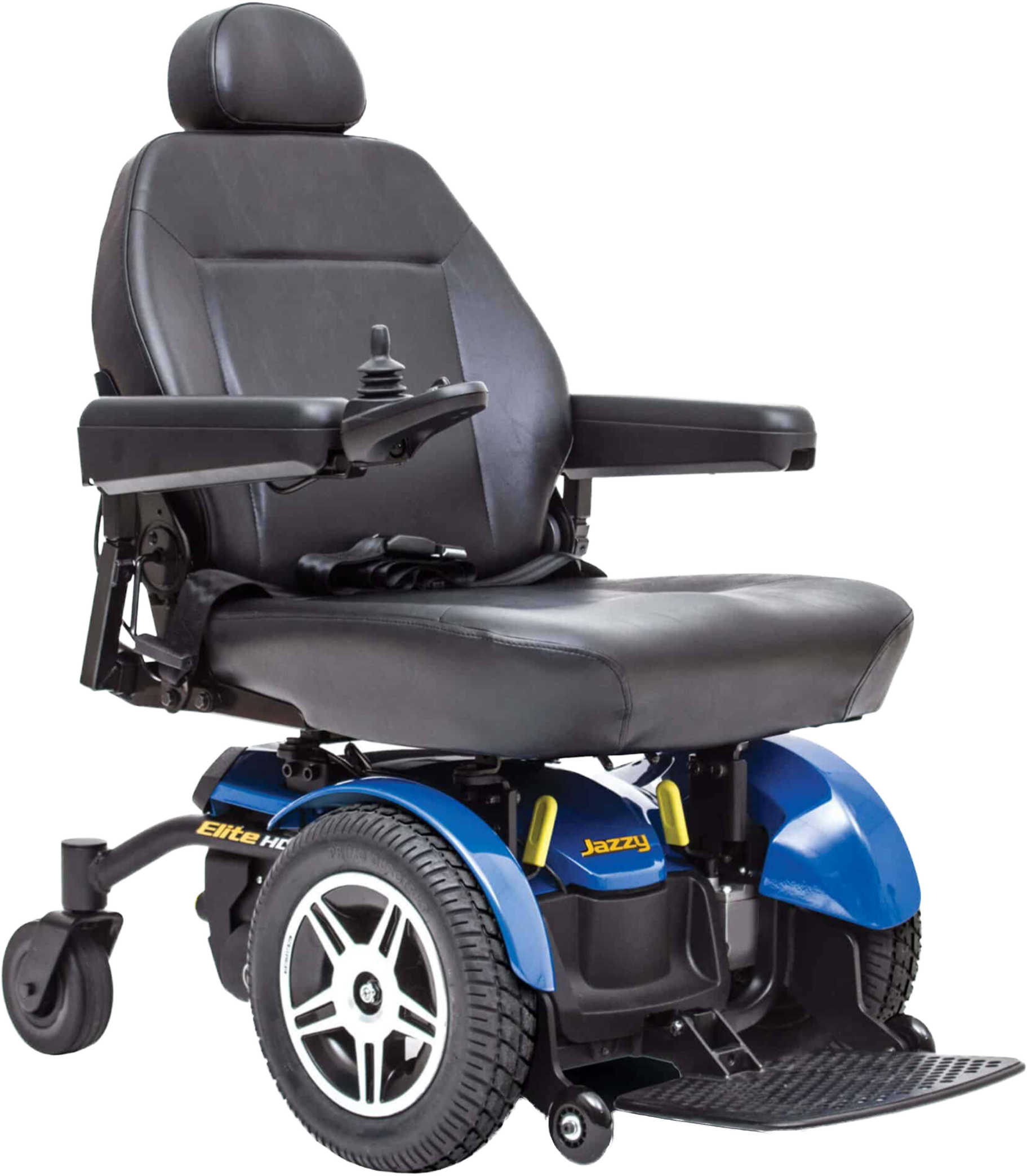 A power wheelchair with a black seat, backrest, and armrest, blue exterior accents, and large black wheels.