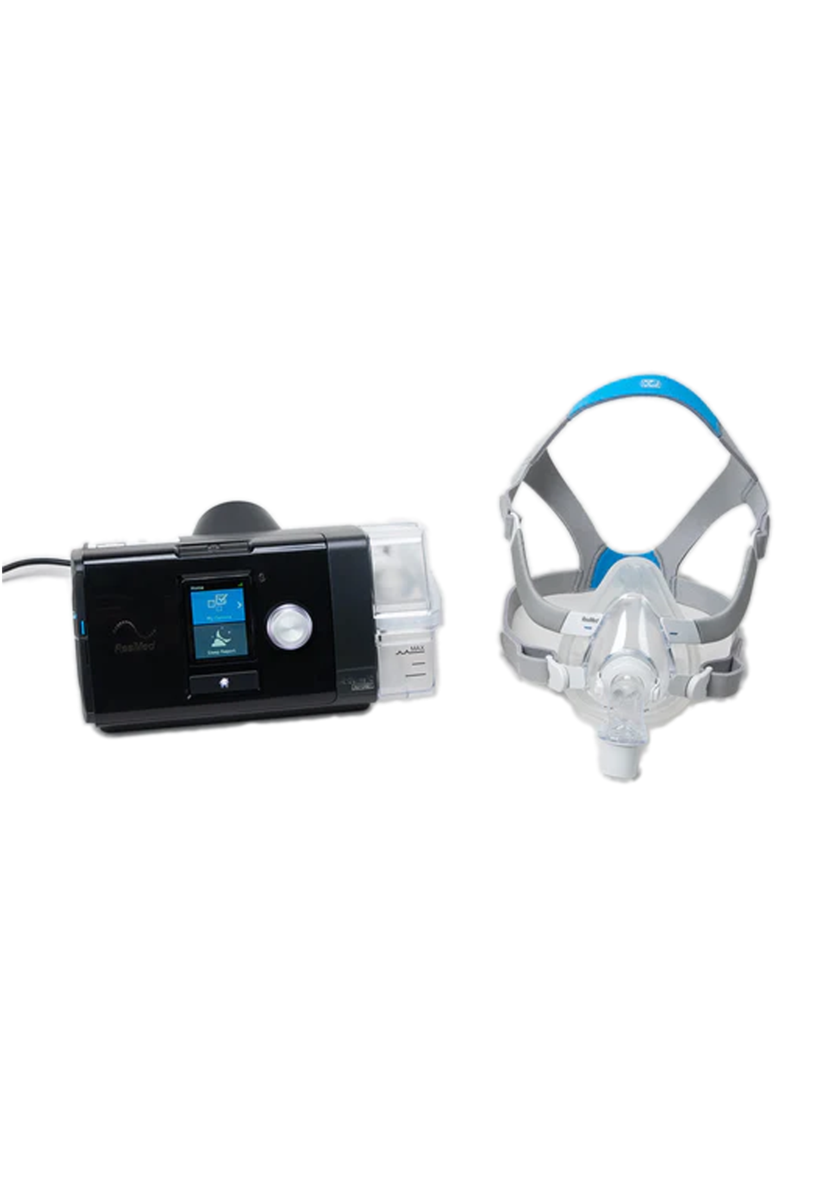 Sleep apnea machine with a black control unit connected to a white mask with blue accents, used for sleep disorder treatment.