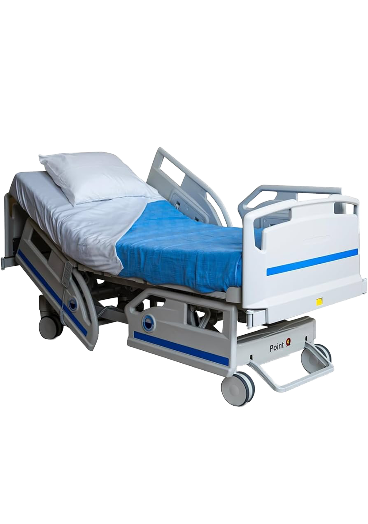 Hospital bed with side rails, mattress, white pillows, and blue bedsheet, mounted on a medical bed base with wheels for mobility.