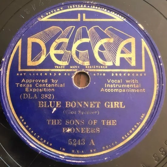 Label from the Sons of the Pioneers' 1936 Decca recording of "Blue Bonnet Girl."
