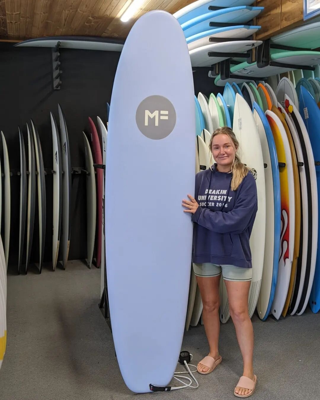 Georgia very excited to surf at her lesson tomorrow on her new Mick Fanning 7'6 Beastie #girlsonboard #o+e #fun #waves #surf #phillipisland