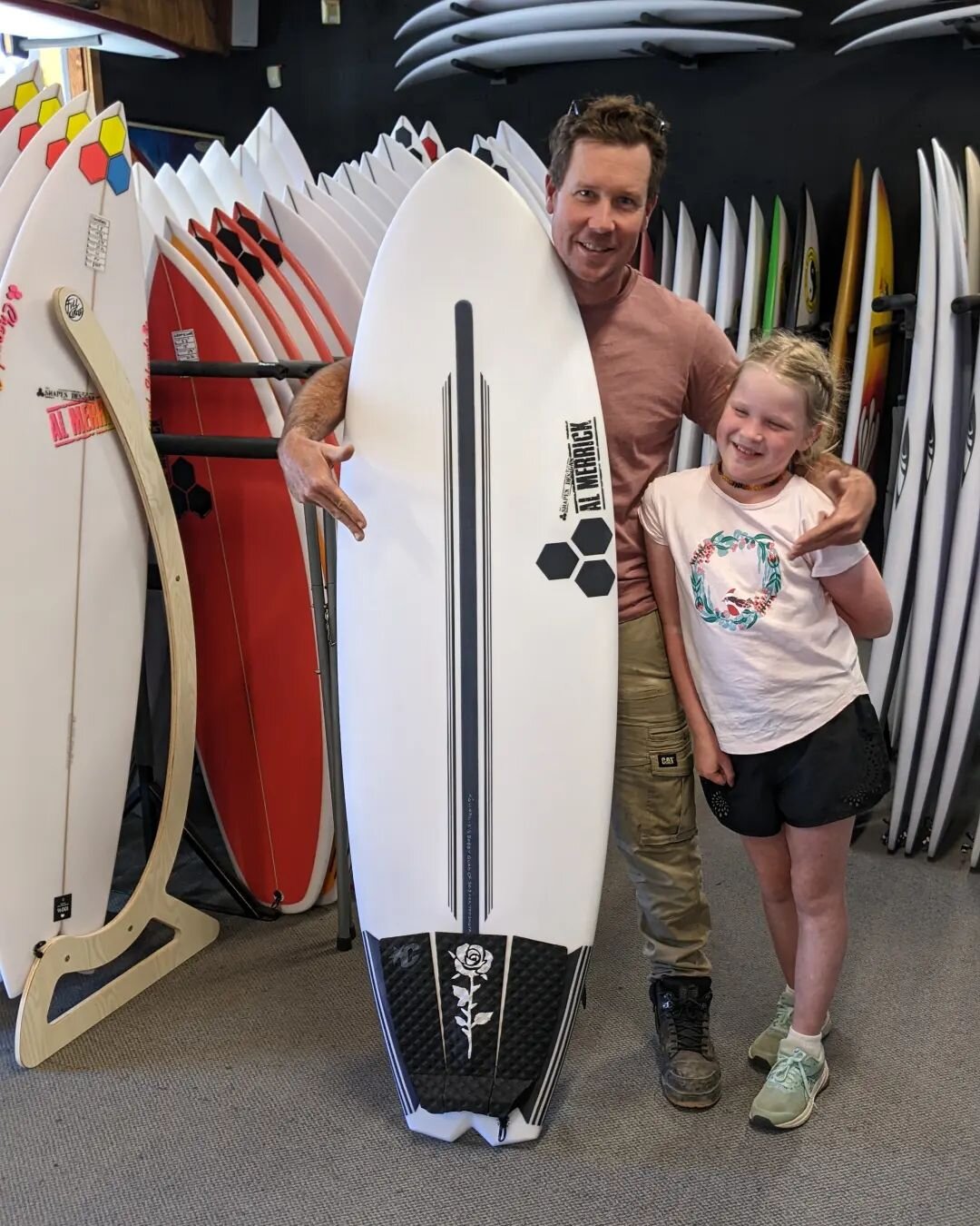 Santa came early ..Brodie and Isla with his new C I Spinetech 5'6 Bobby Quad #channelislands #surf #fun #phillipisland