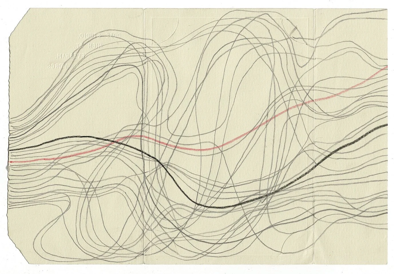 Not Doing Nothing (Breathing) Red Line small, 2024, graphite and colour pencil on found paper, 22.5 x 15cms