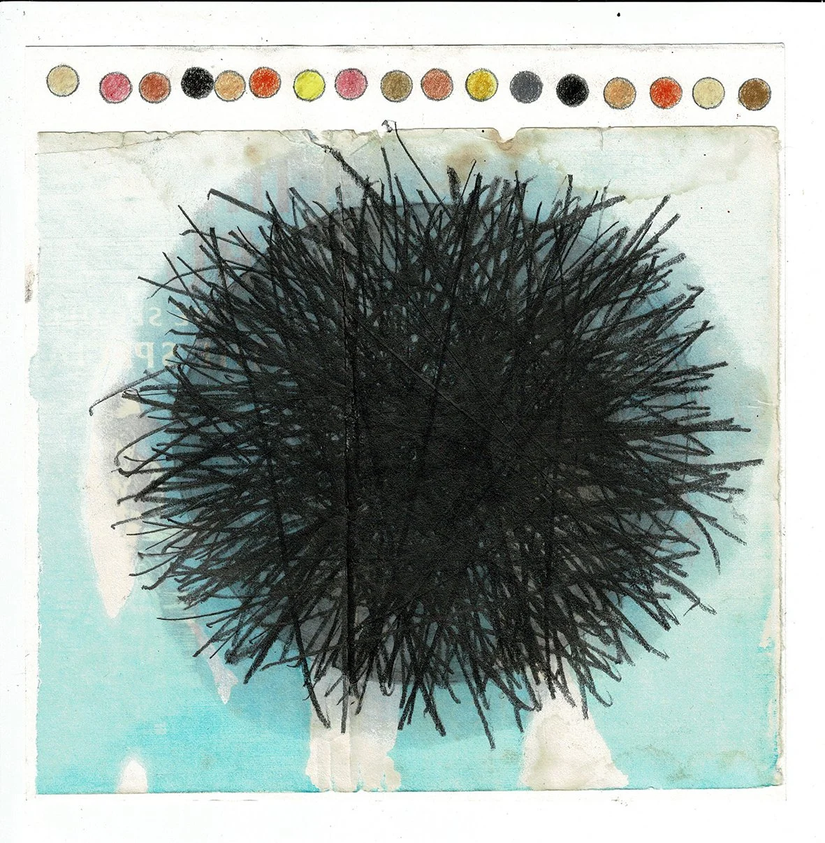 Deoxyribose Nucleic Acid, 2025, graphite, oil, colour pencil, found paper