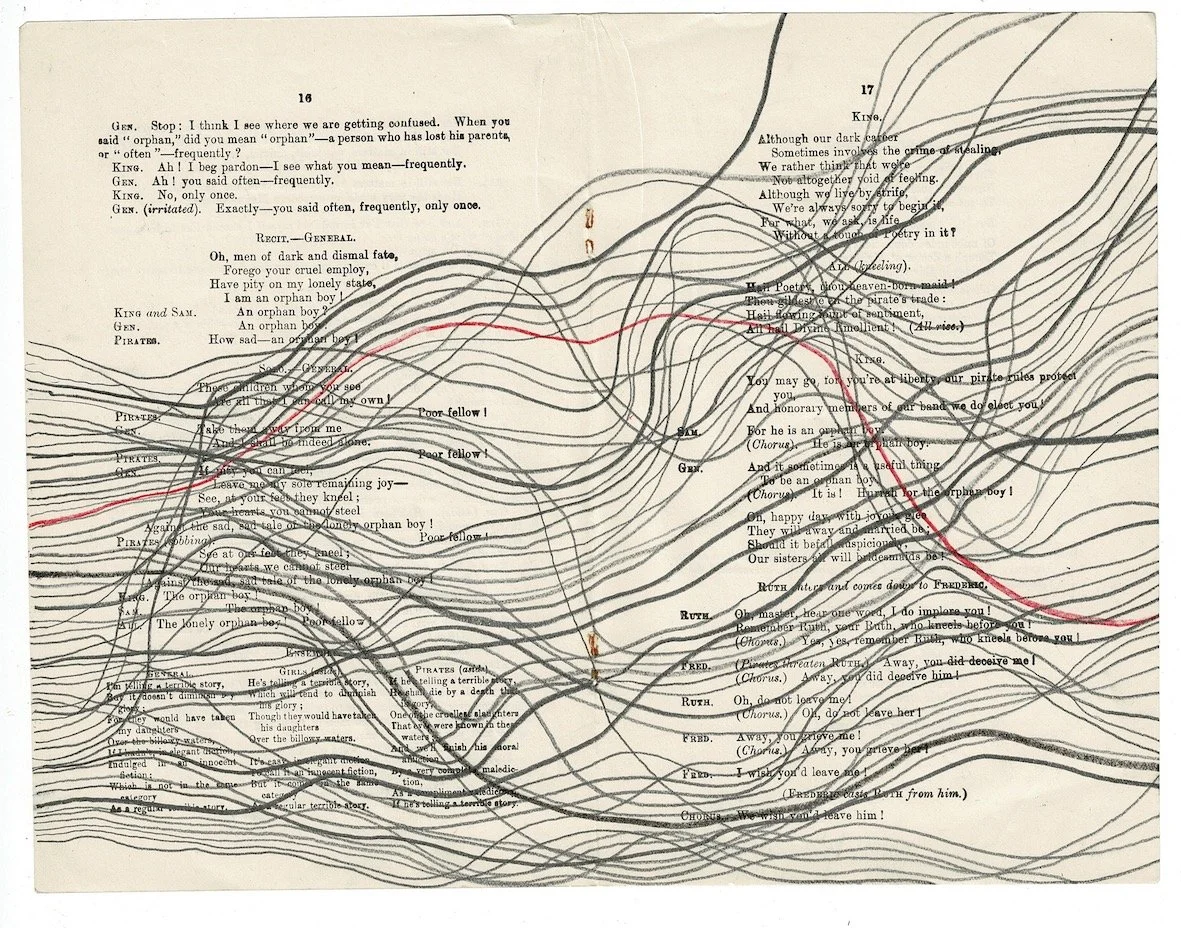 Not Doing Nothing (Breathing) Red Line large, 2024, graphite and colour pencil on found paper, 28 x 21.5cms 
